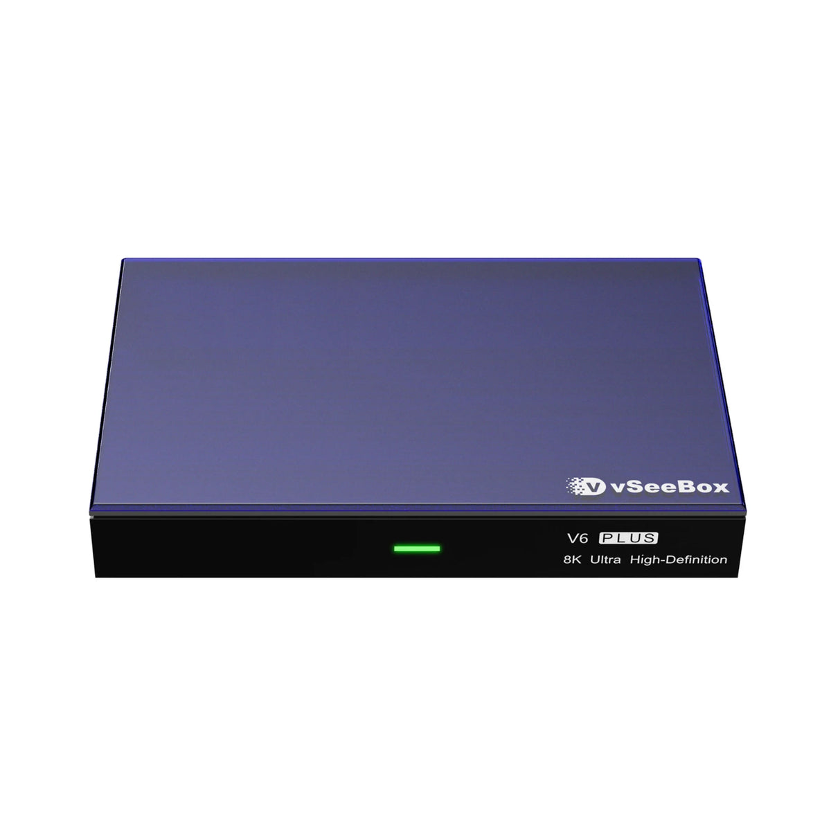 vSeeBox V6 Plus media player in blue with green LED and 8K Ultra High-Definition label