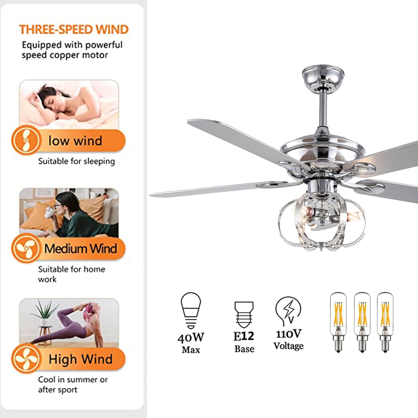 52-inch chrome ceiling fan with light kit and remote control; crystal-accented glass shade