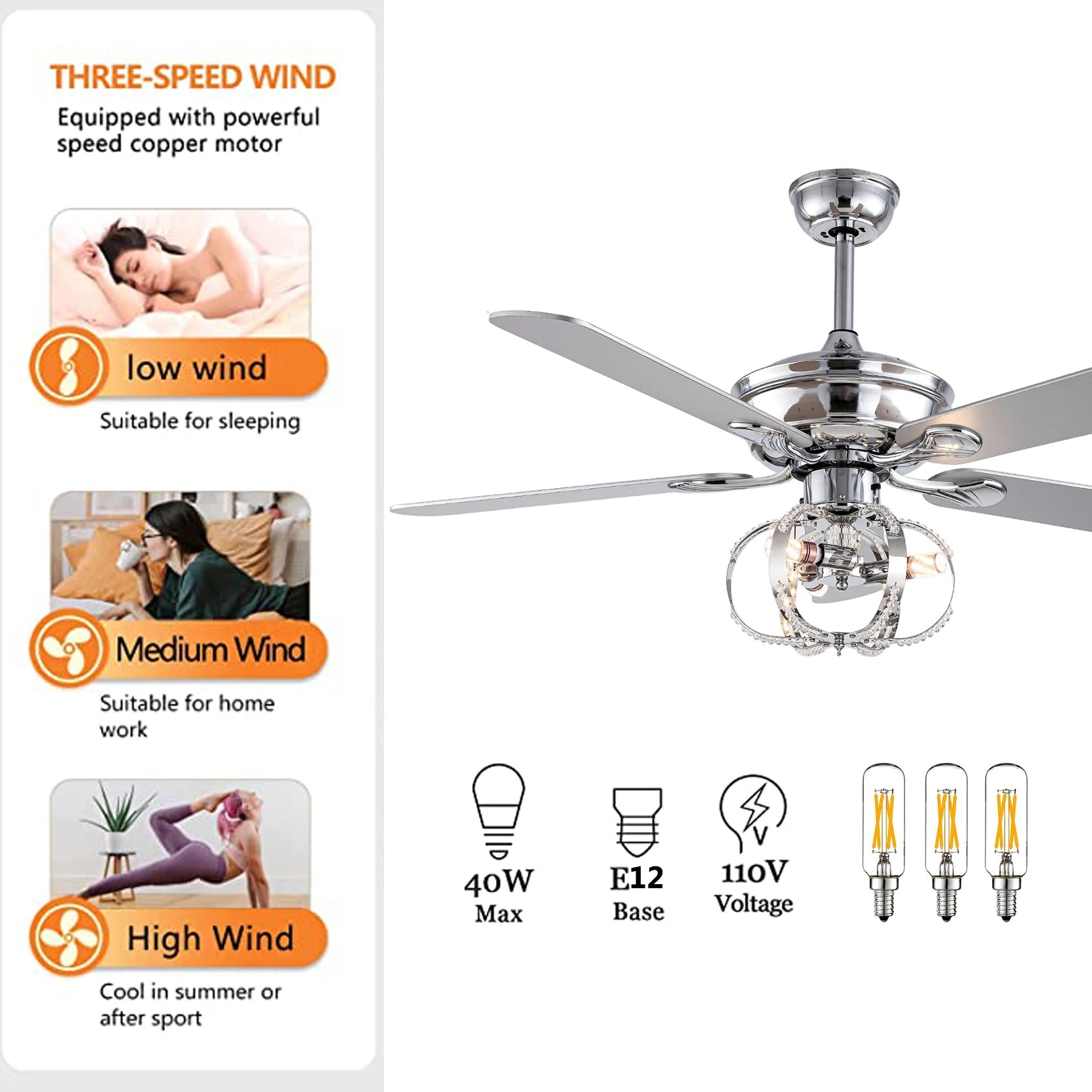 52-inch chrome ceiling fan with light kit and remote control; crystal-accented glass shade