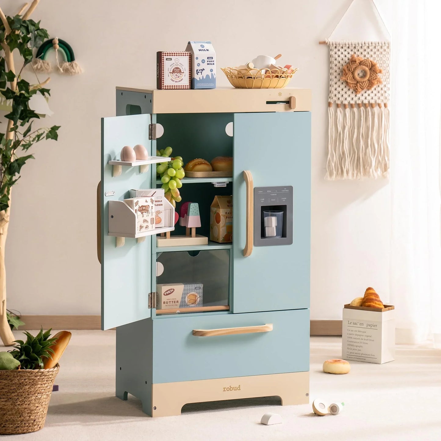 Robotime Robud Play Kitchen Fridge Refrigerator with Ice Dispenser Wooden Kids Play Kitchen Playset Toy for Ages 3+Blue by S And B Enterprise