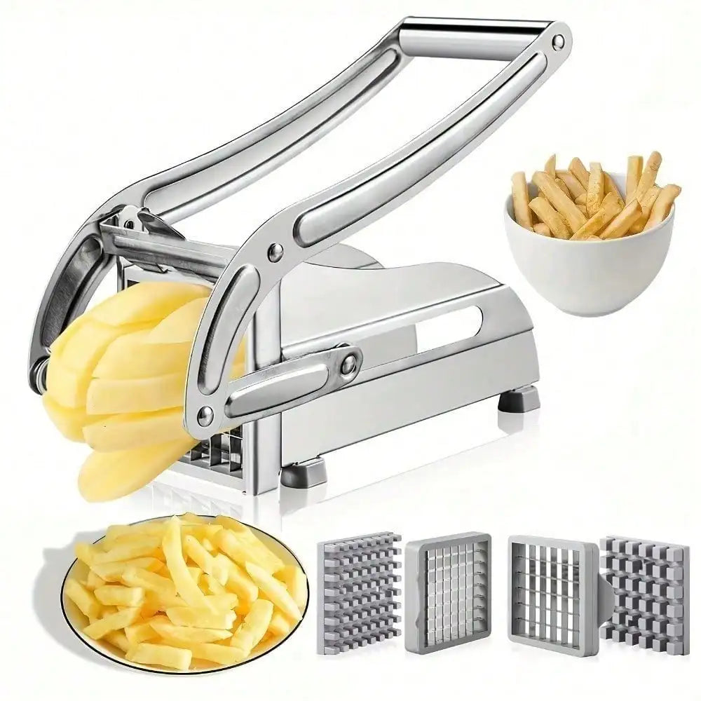 Vegetable and french fry cutter by S And B Enterprise; stainless steel with 4 blade attachments.