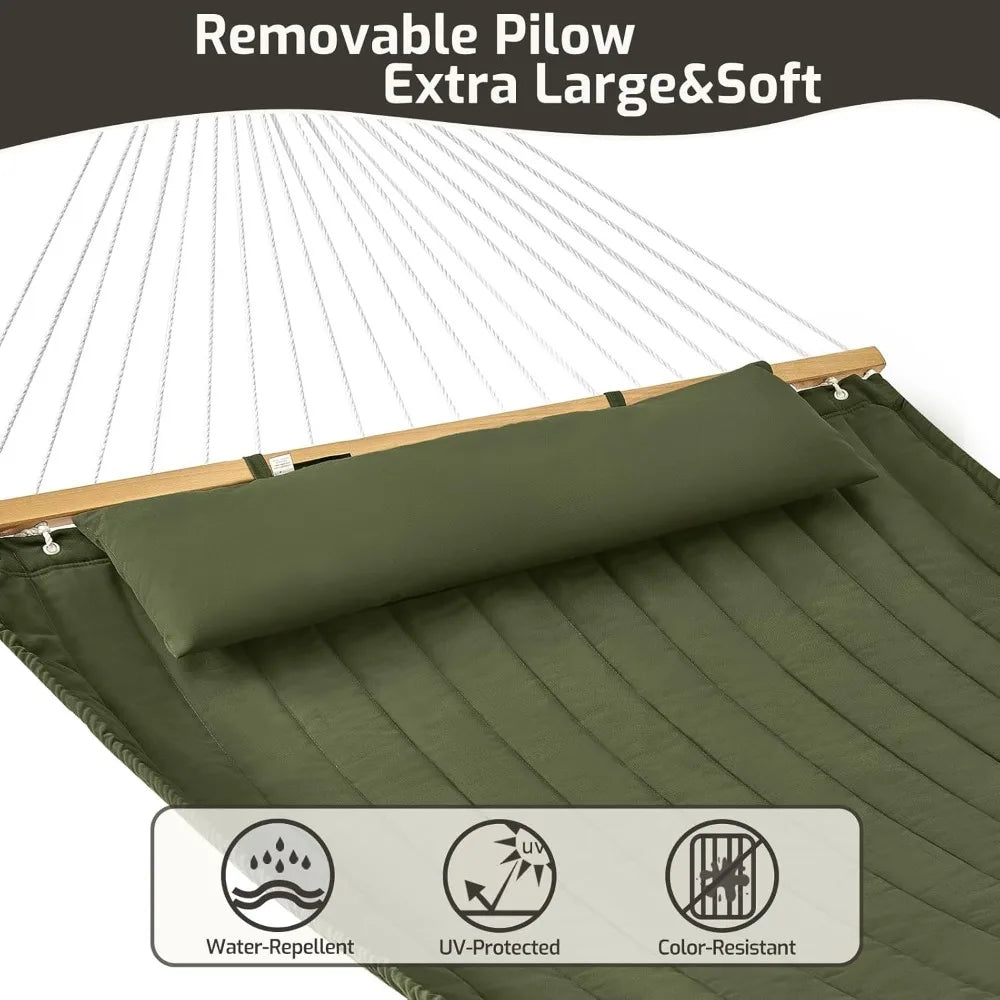 Double Quilted Fabric Hammock With Hardwood Spreader Bars And Pillow