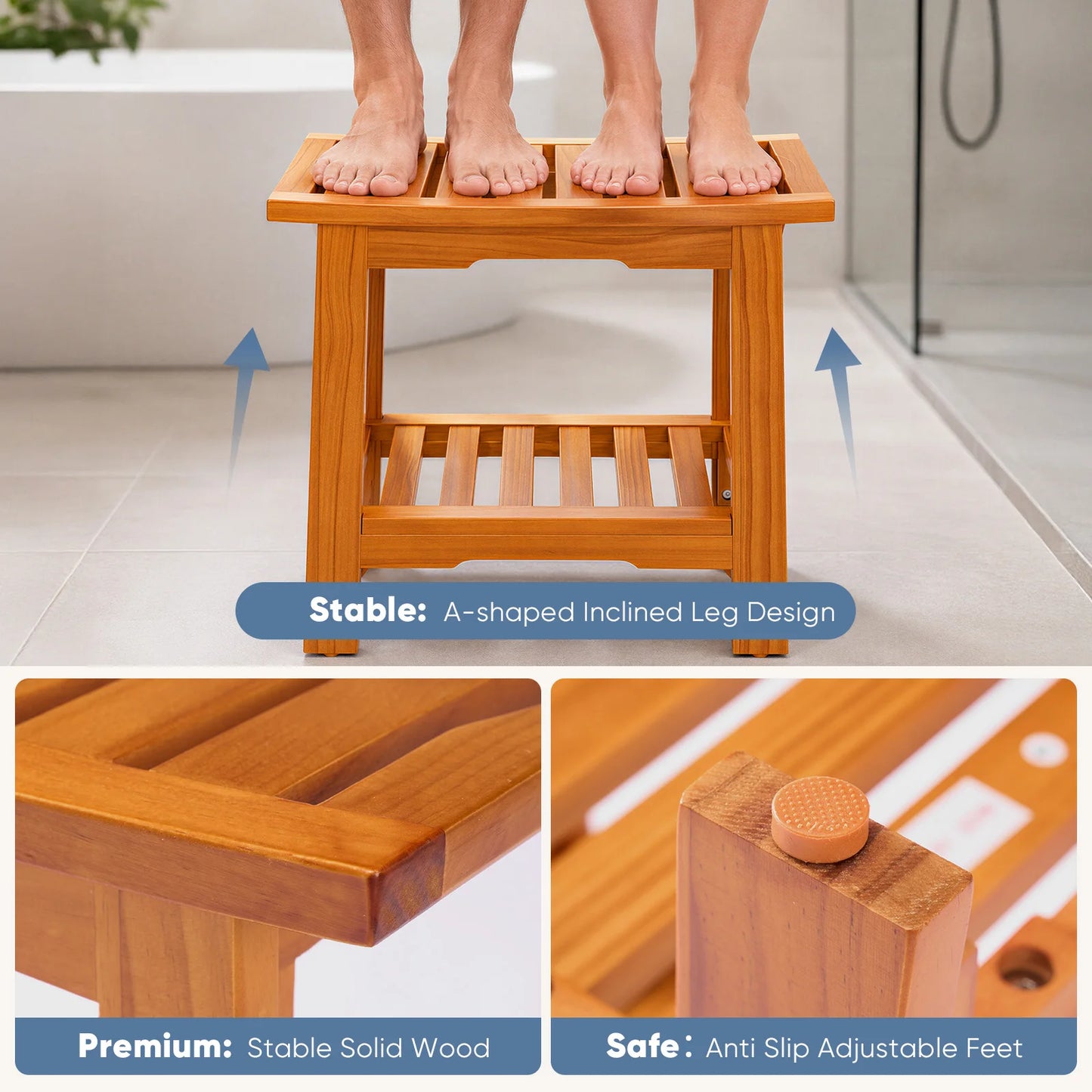 Wooden shower stool with slatted top and lower storage shelf in natural finish