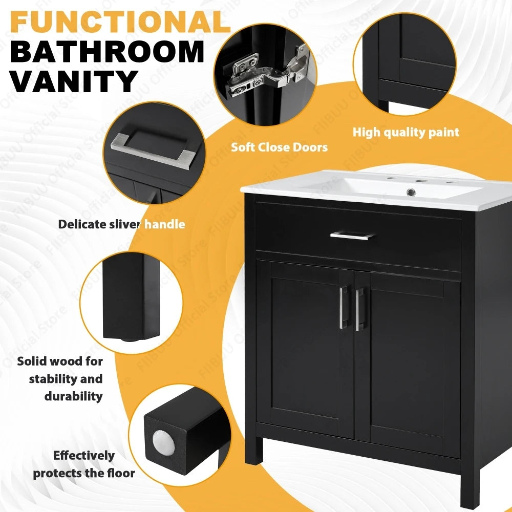 30" Small Bathroom Vanity Sink Soft Close Doors Cabinet Storage Undermount Ceramic Sink Organizer Cabinet for Compact Bathroom