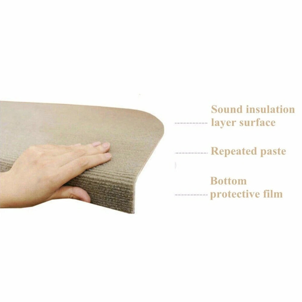 Beige carpet stair tread, showing layered construction with sound insulation layer surface and bottom protective film