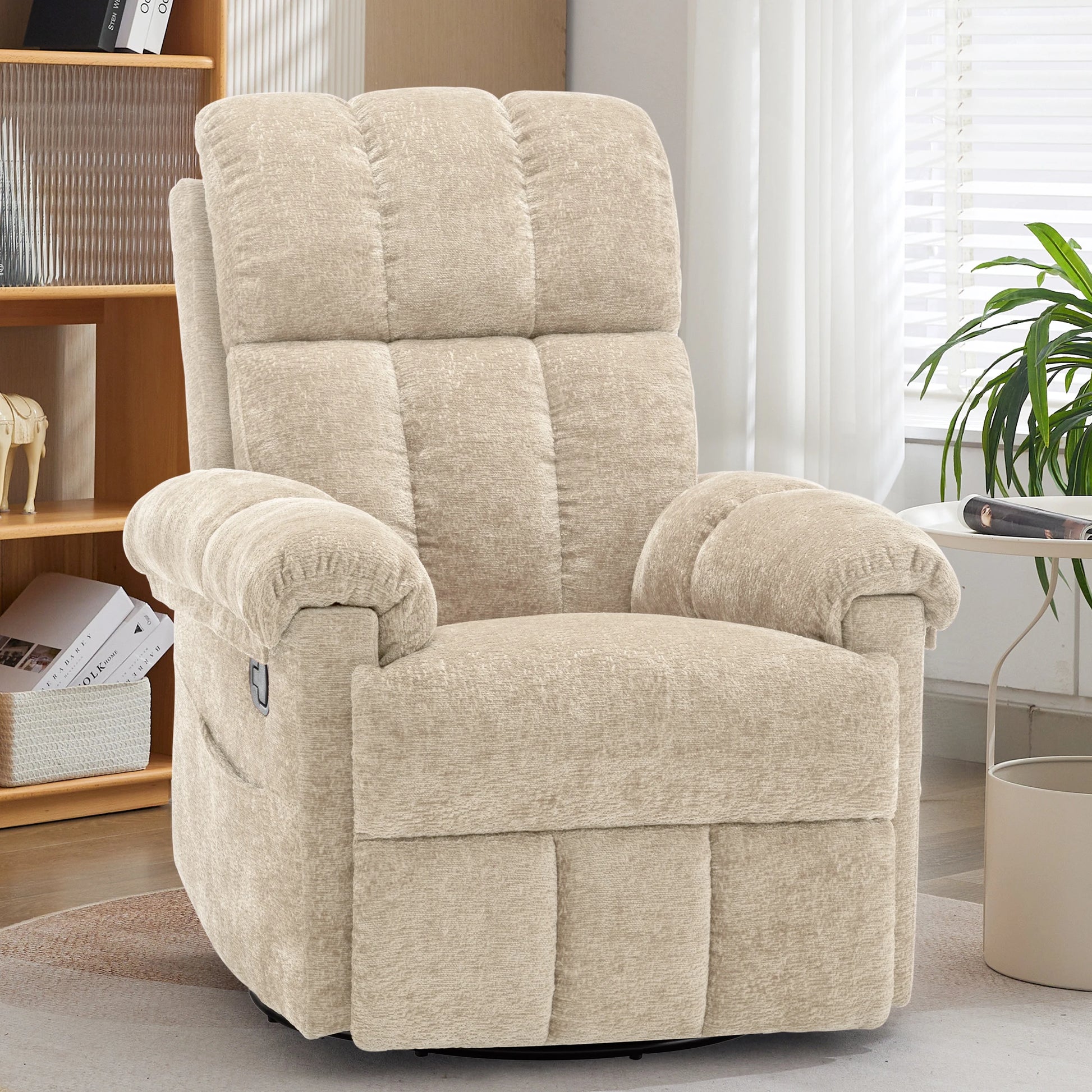 Korser swivel rocker recliner chair in beige chenille.