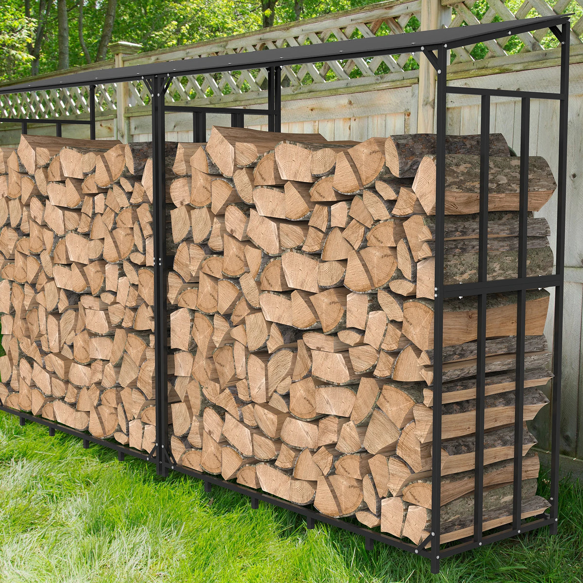 Extra large tall outdoor firewood rack in black metal, stacked logs outdoors