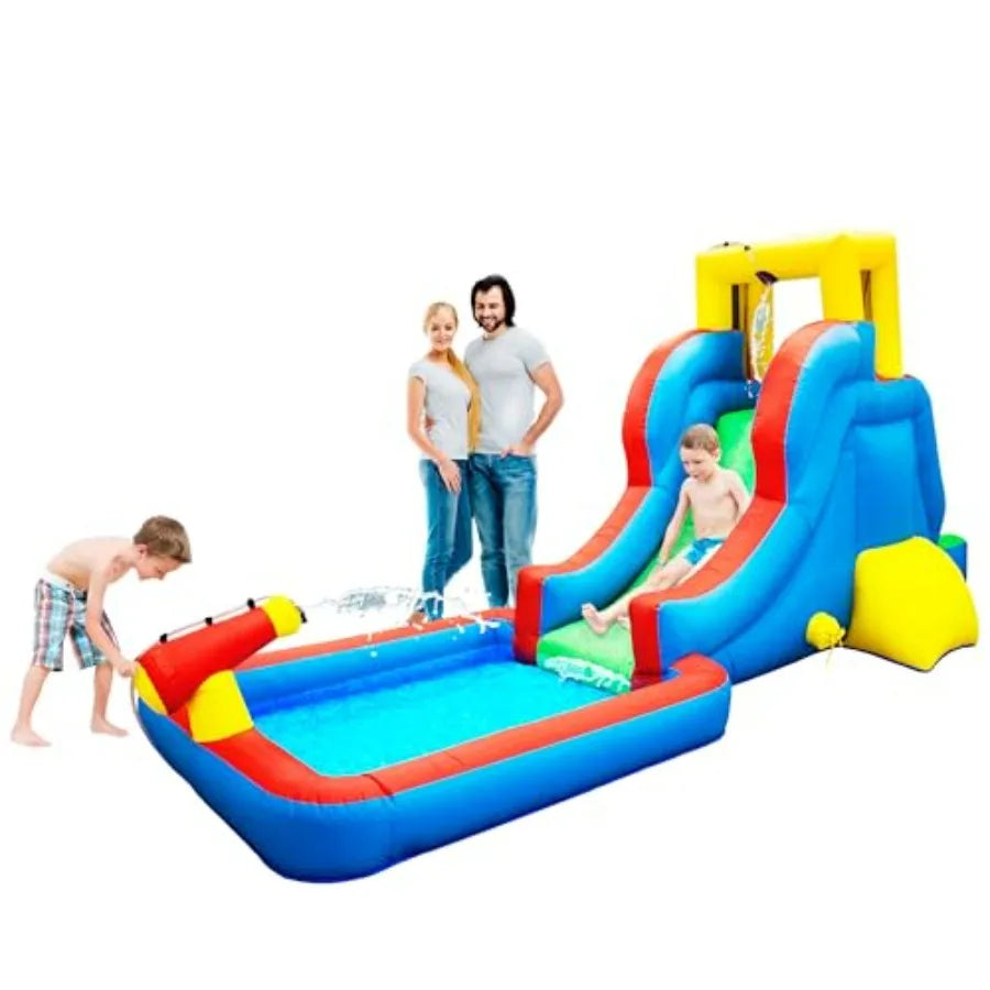 Inflatable Slide Park With Pool Splash Zone And Climbing Wall