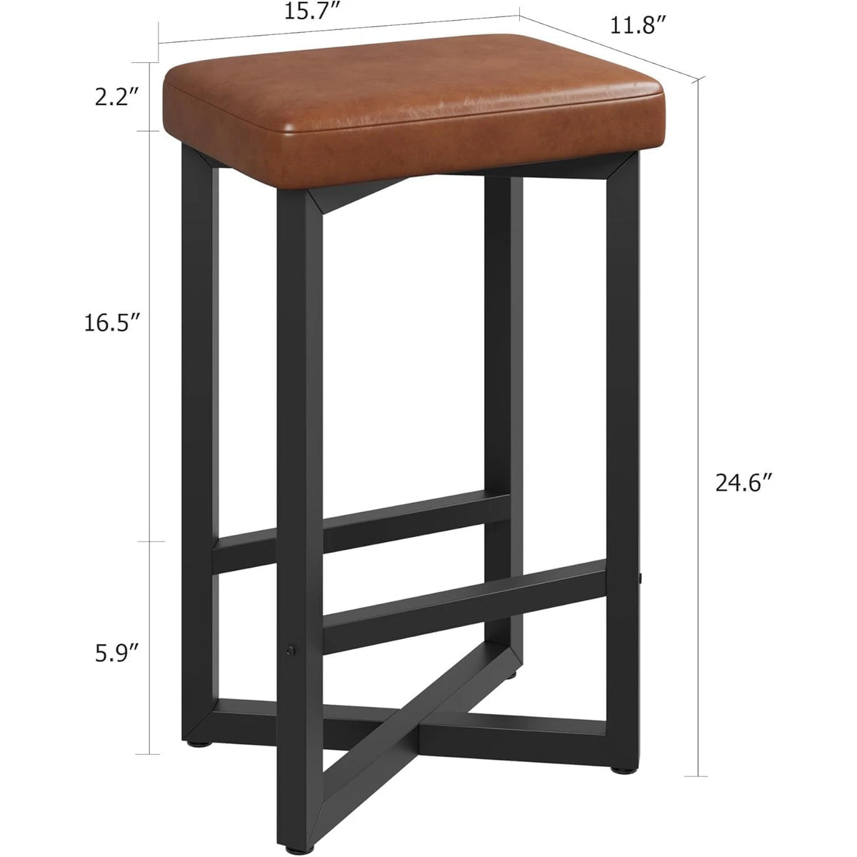 Set of 4 backless bar stools, brown PU leather seat, black metal X-frame with footrest, counter-height