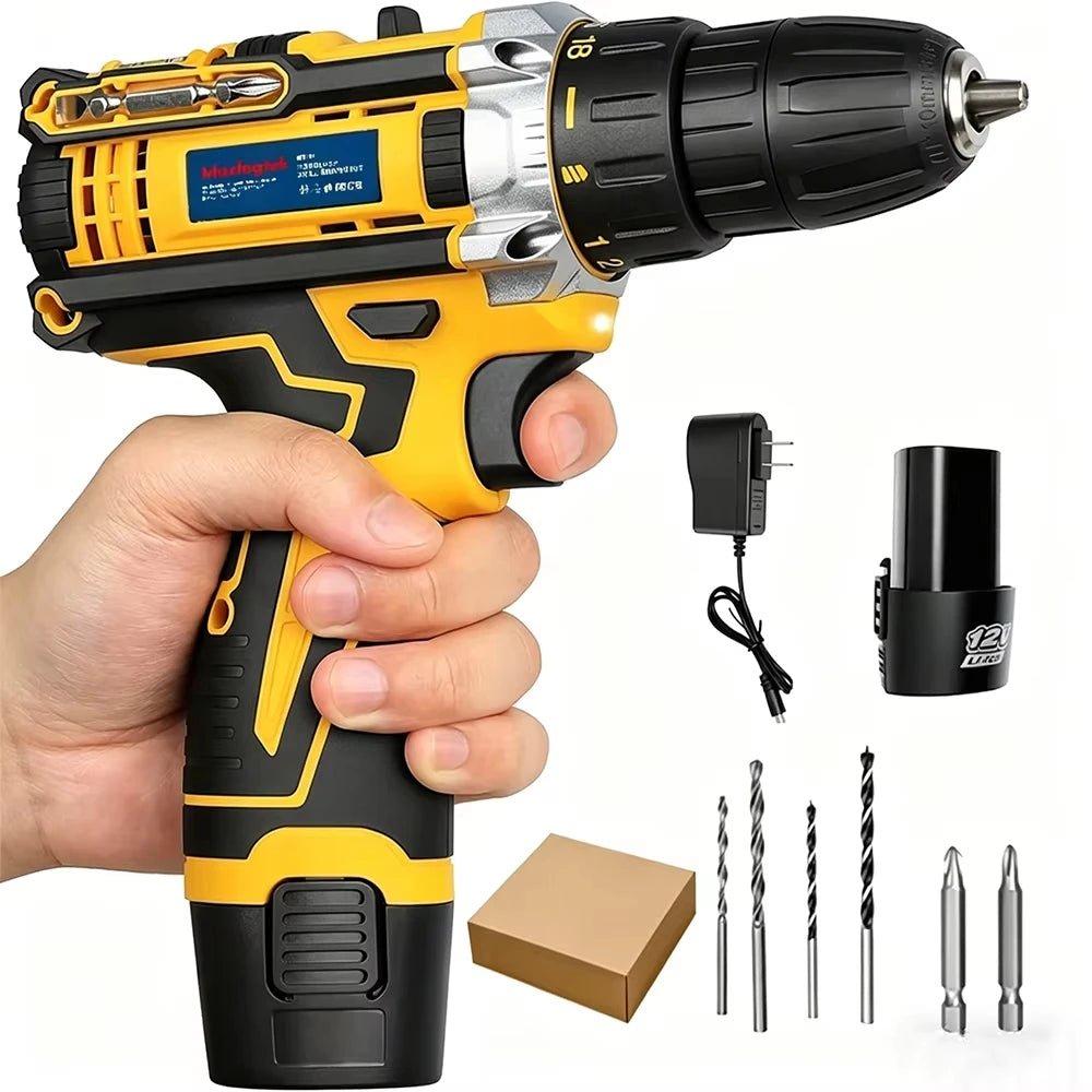 21V cordless lithium-ion impact driver and drill kit in yellow and black with battery, charger, and bits