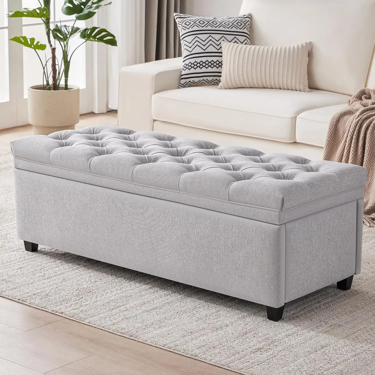 Tufted Storage Ottoman Bench With Linen Top For Living Room