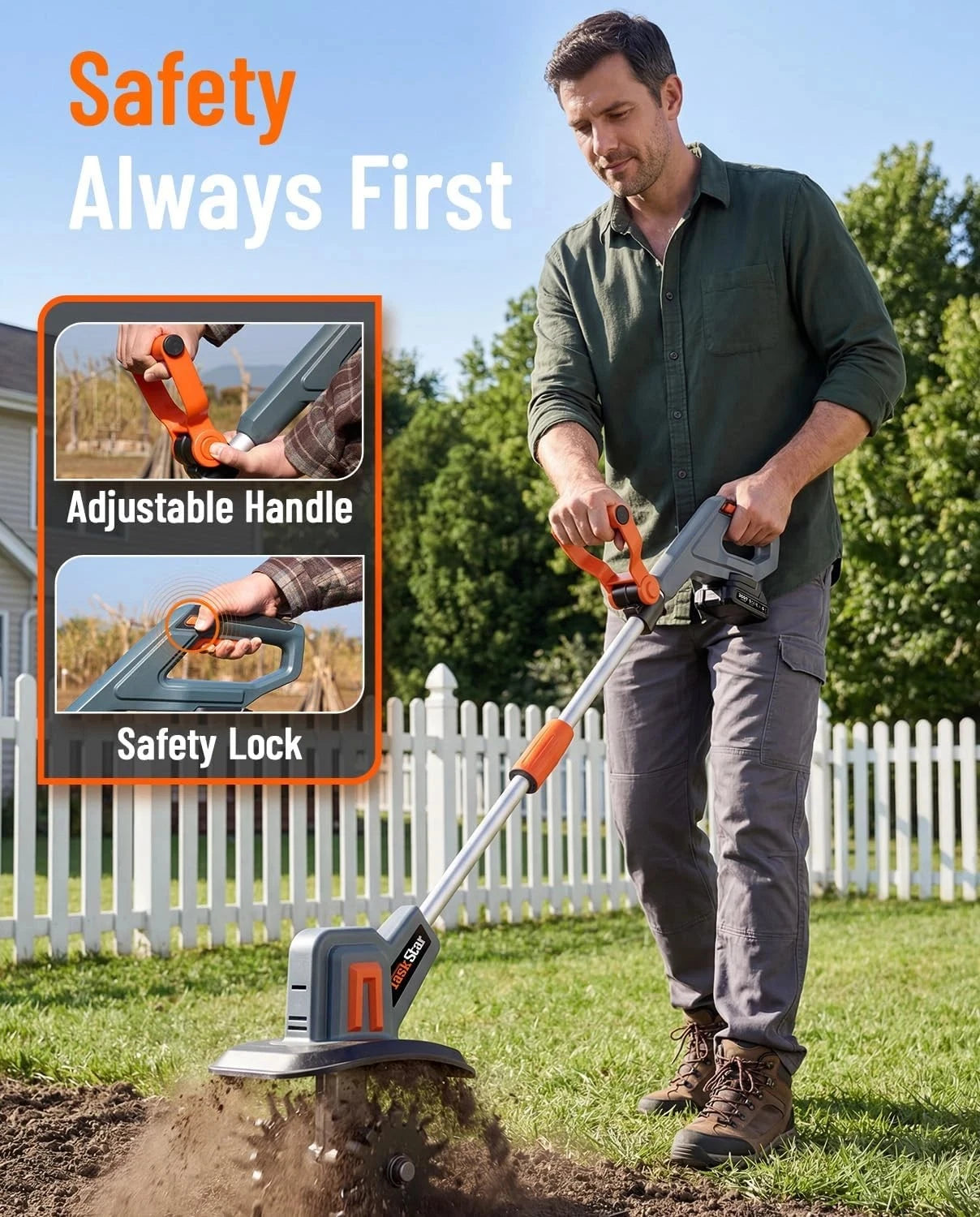 TaskStar cordless electric tiller cultivator with adjustable orange/gray handle and safety lock; Makita 18V compatible.