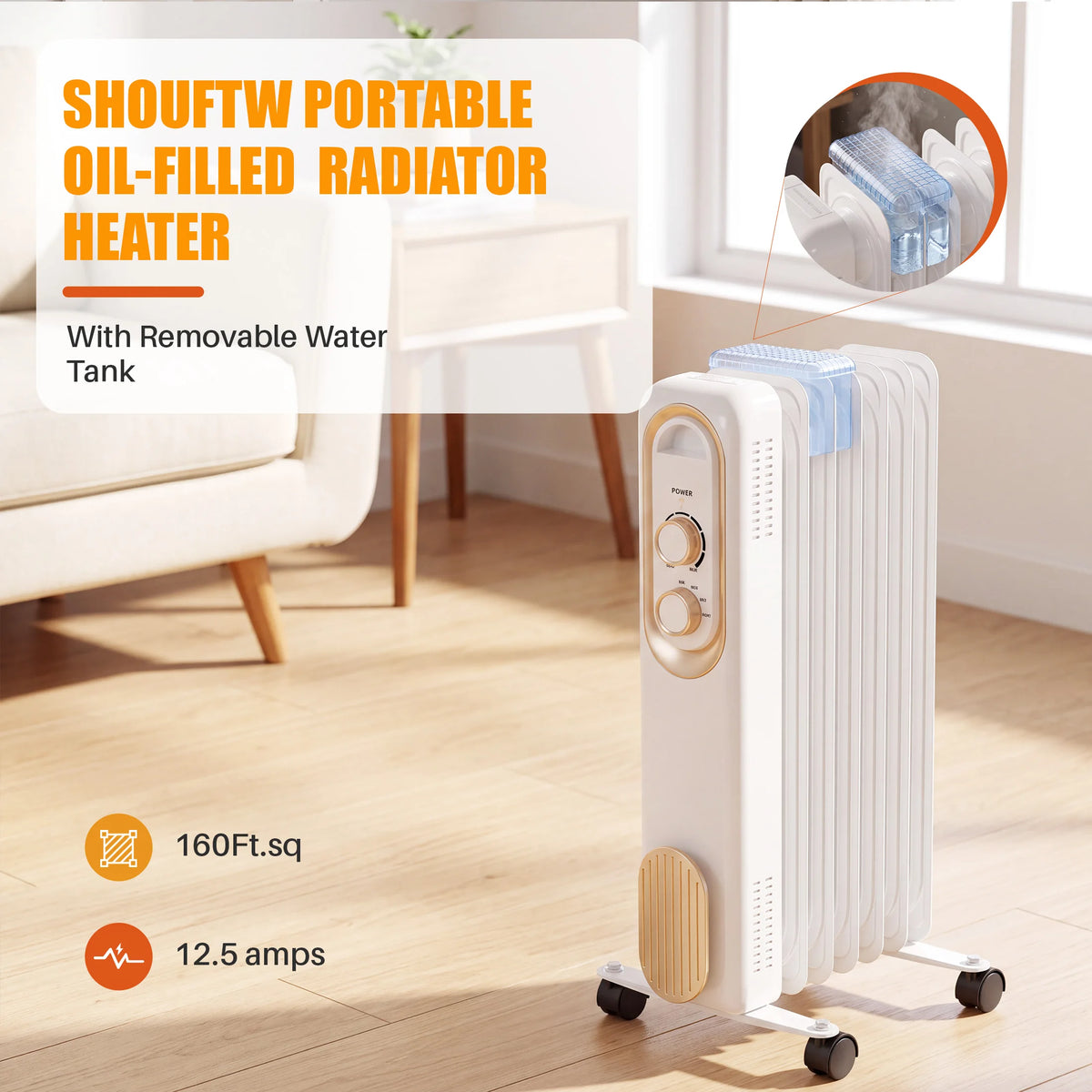 JHK 1500W oil-filled radiator heater, white portable space heater with removable water tank on caster wheels