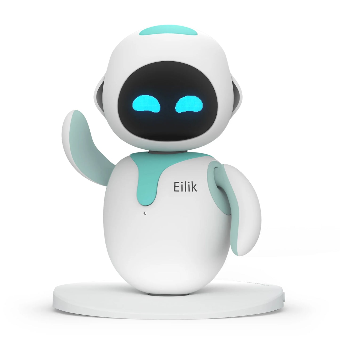 Eilik desk companion robot with white body, teal accents, and bright blue LED eyes on a white stand.
