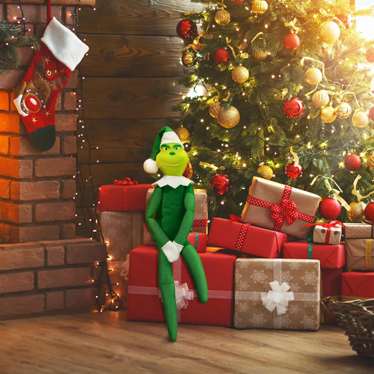 Christmas elf plush figure in green with a white hat among wrapped gifts under a lit Christmas tree