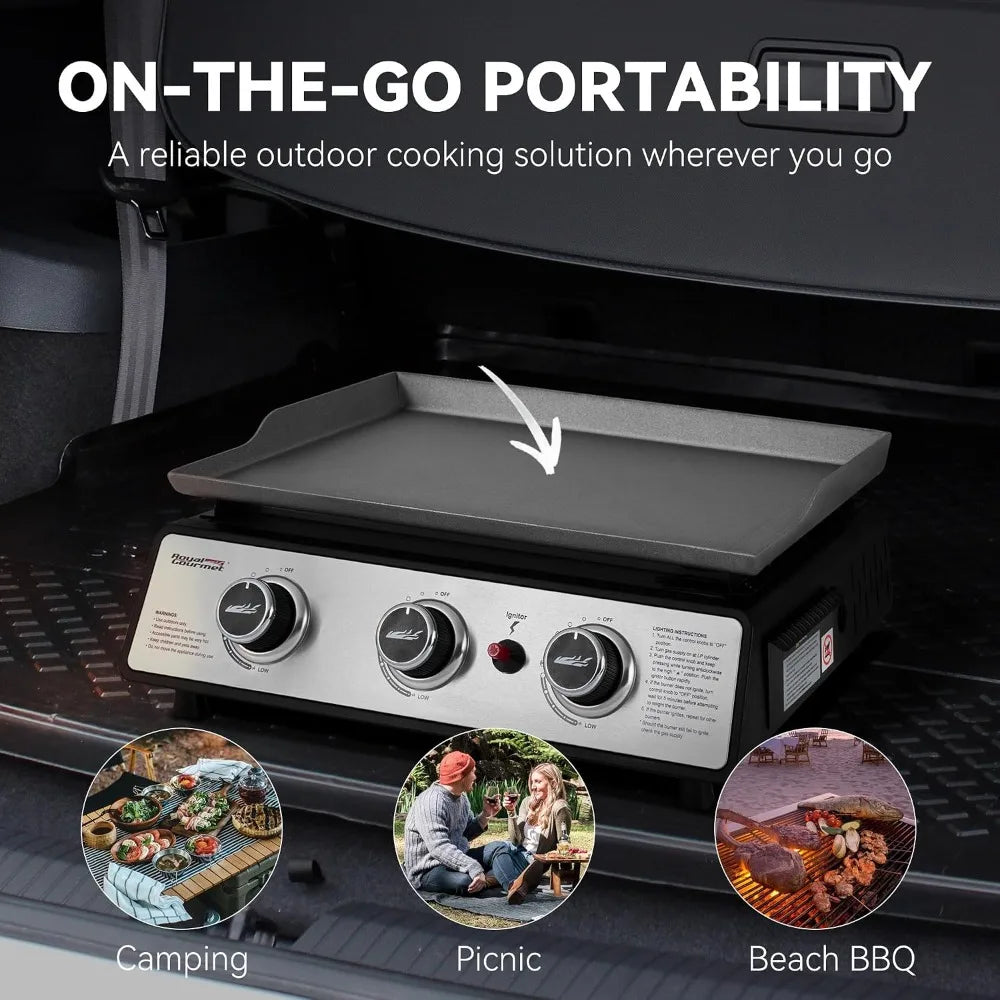 Portable 3-burner table-top gas griddle, 25,500 BTU, 304 sq in cooking surface, by S And B Enterprise, black/silver