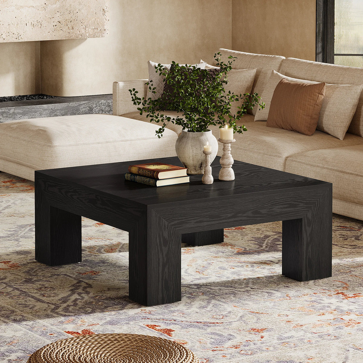 Tribesigns 39.4-inch square coffee table with dark wood finish and sturdy wooden legs.