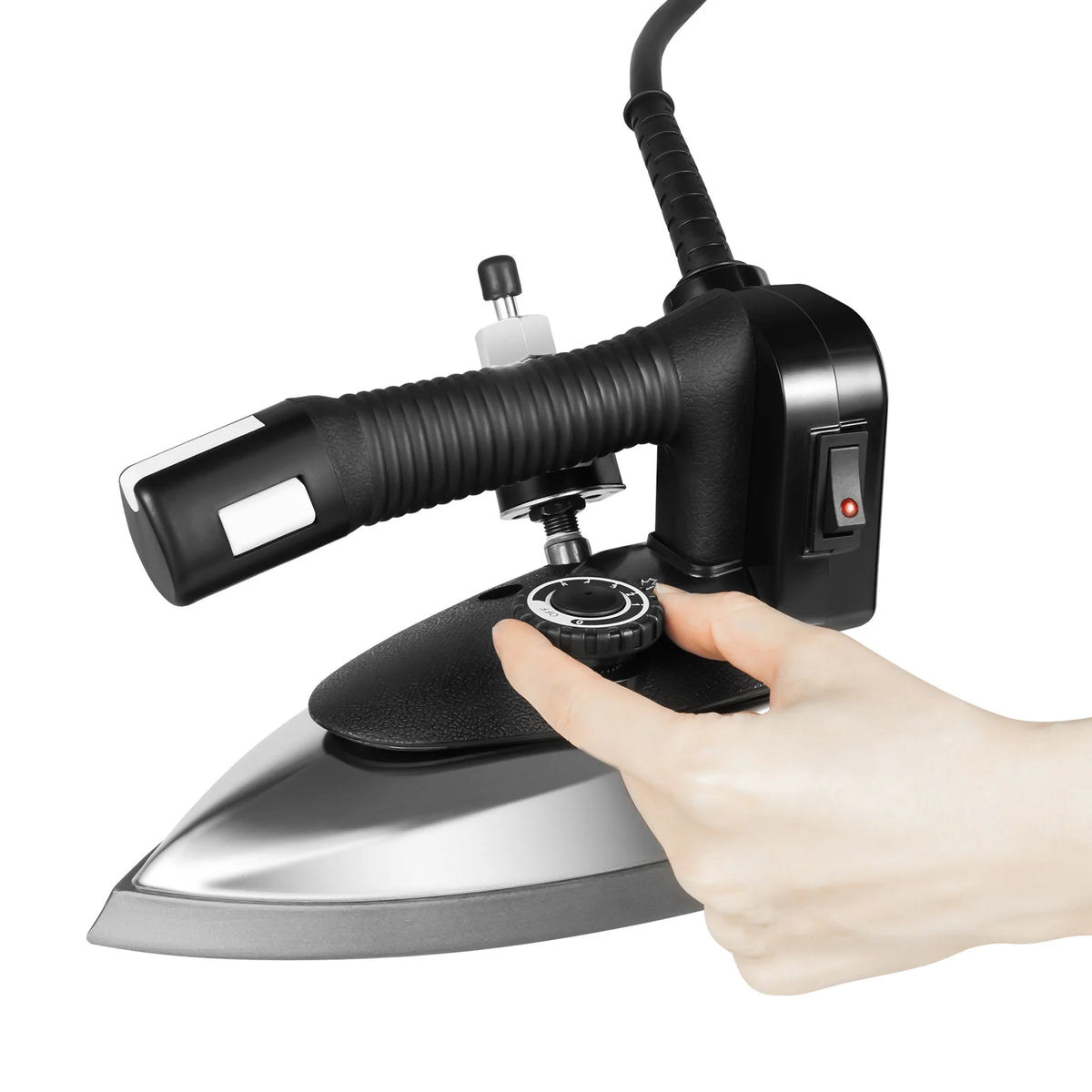 1200W electric steam iron with black handle and adjustable dial