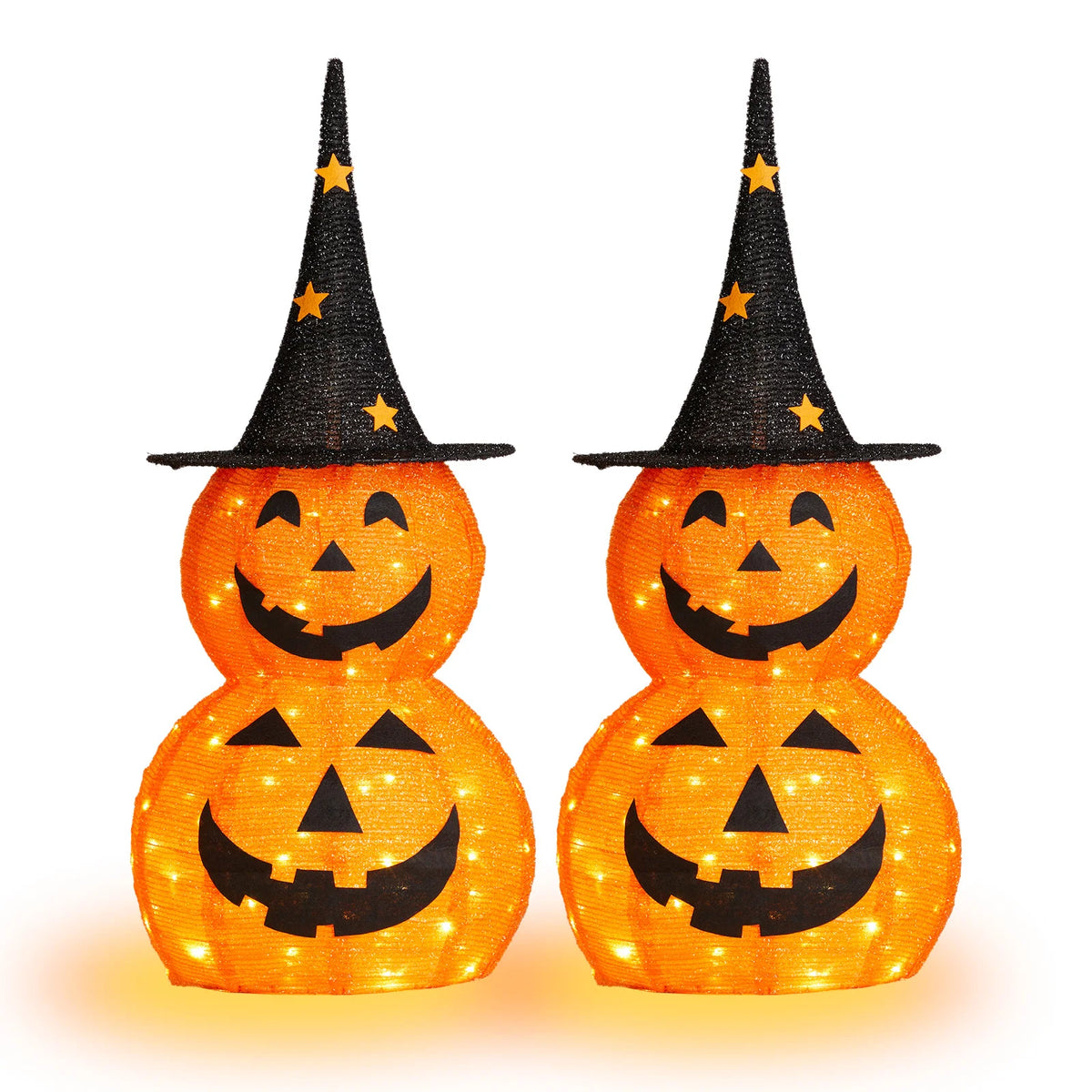 Two LED-lit jack-o'-lantern Halloween decorations with tall black witch hats featuring orange stars