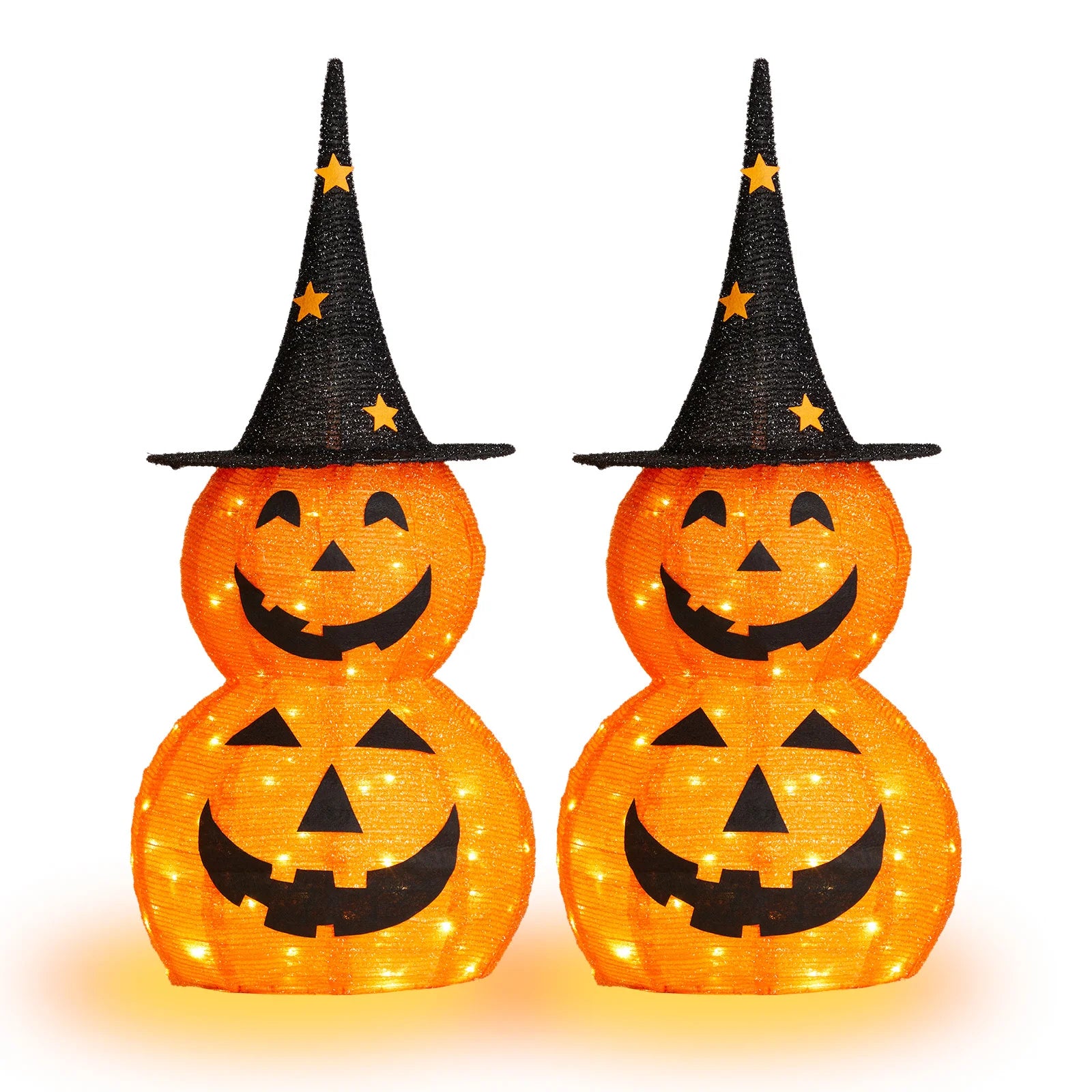 Two LED-lit jack-o'-lantern Halloween decorations with tall black witch hats featuring orange stars