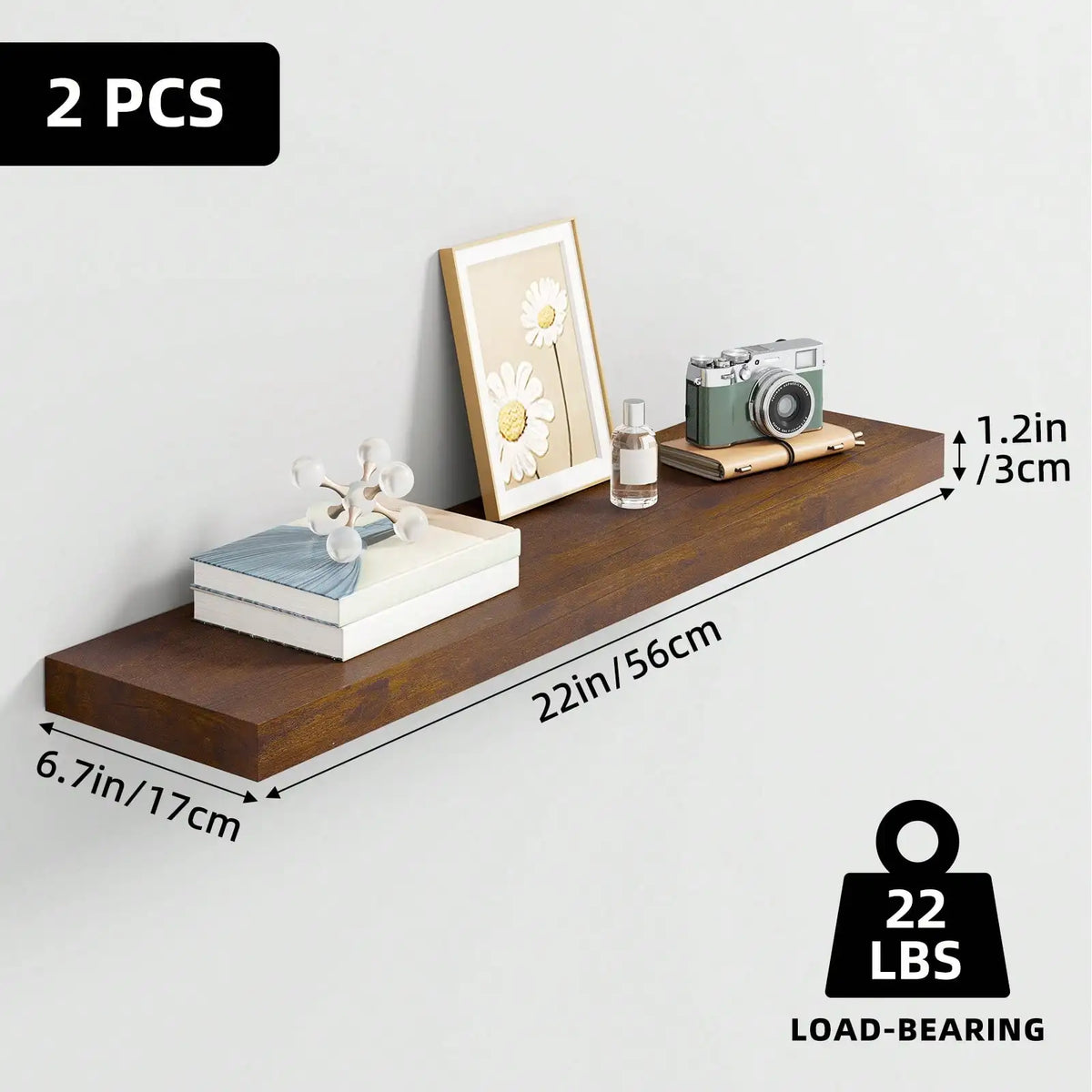 Floating shelf set of 2 in rustic brown MDF, 22 inches long for wall mounting in kitchen, bathroom, or living room