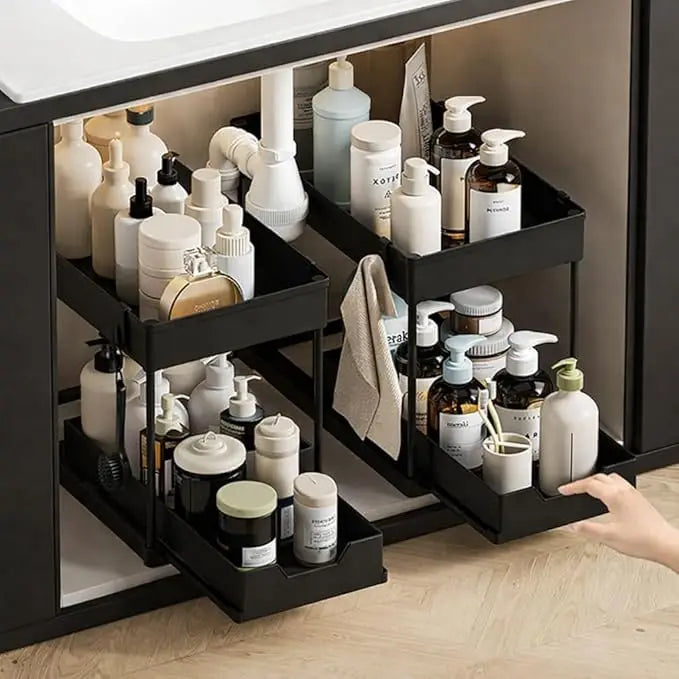 2-tier sliding black under-sink organizer by S And B Enterprise with 3 detachable baskets and 5 side hooks