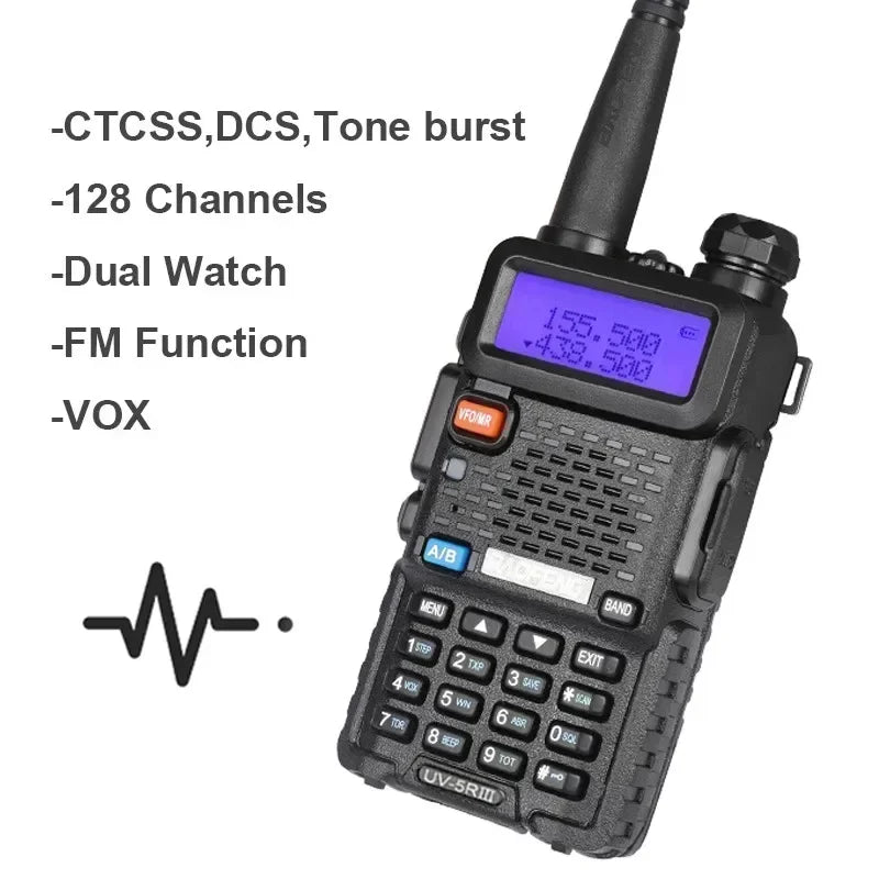 Baofeng UV-5R handheld dual-band radio with black body and purple backlit display