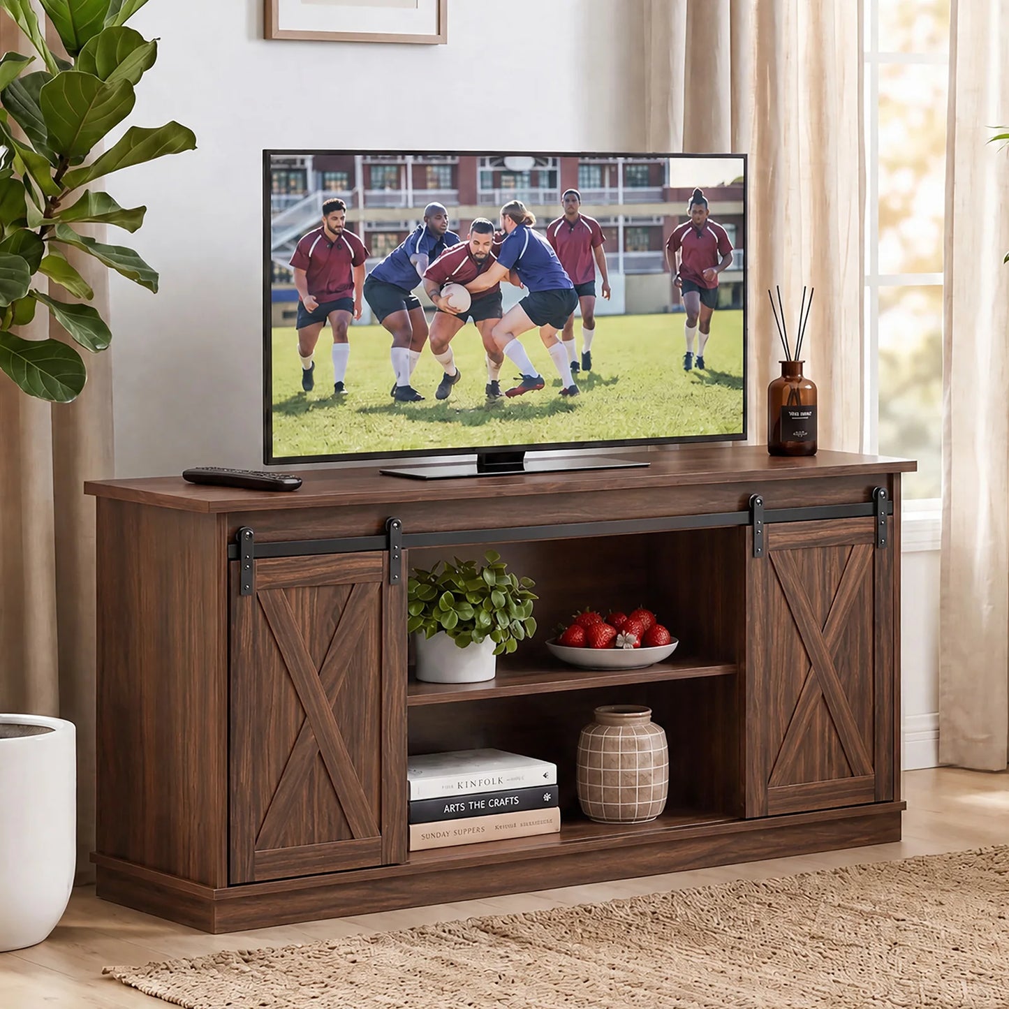 MCQ wood TV stand for 65-inch TV in dark brown with cross-panel cabinet doors and open shelf storage