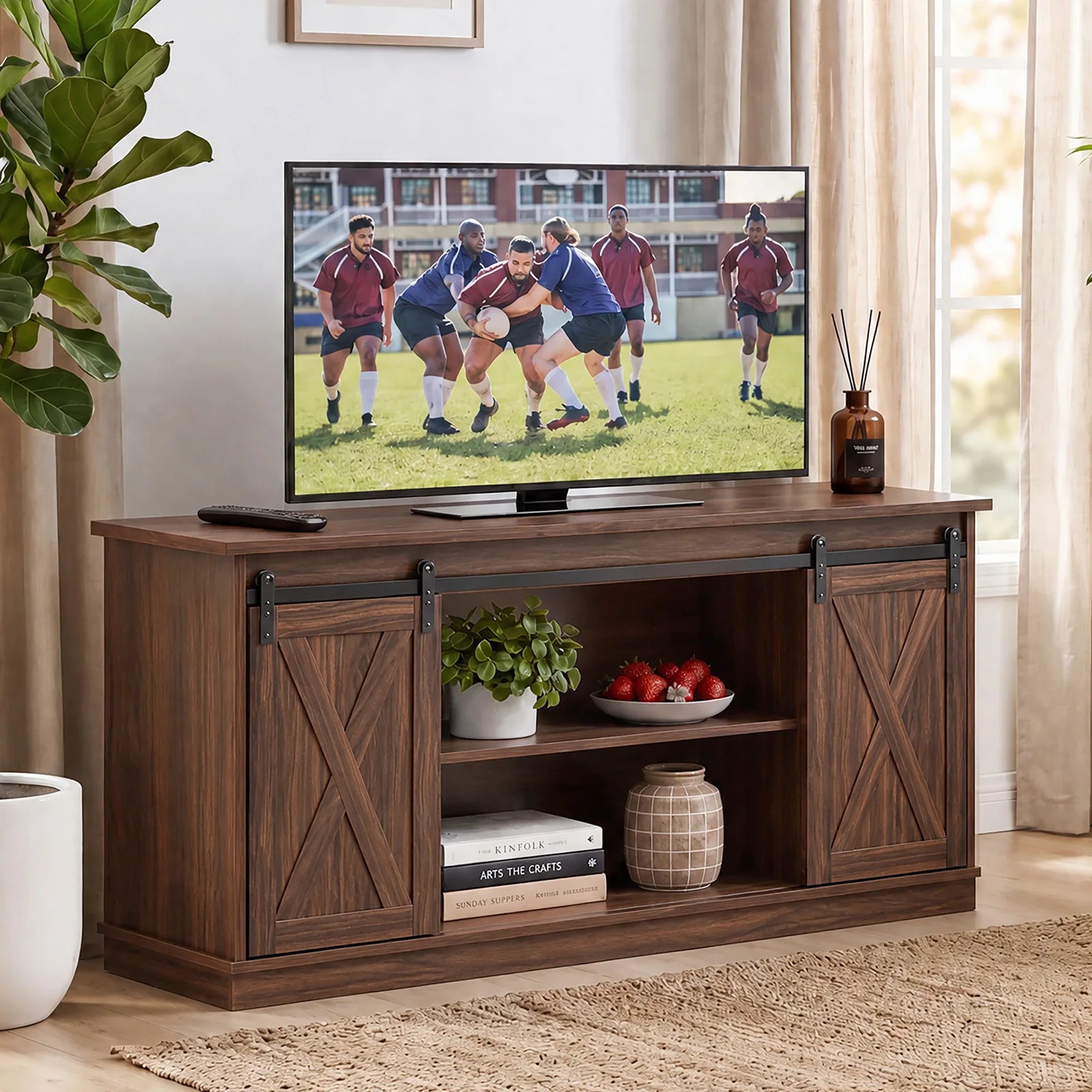 MCQ wood TV stand for 65-inch TV in dark brown with cross-panel cabinet doors and open shelf storage