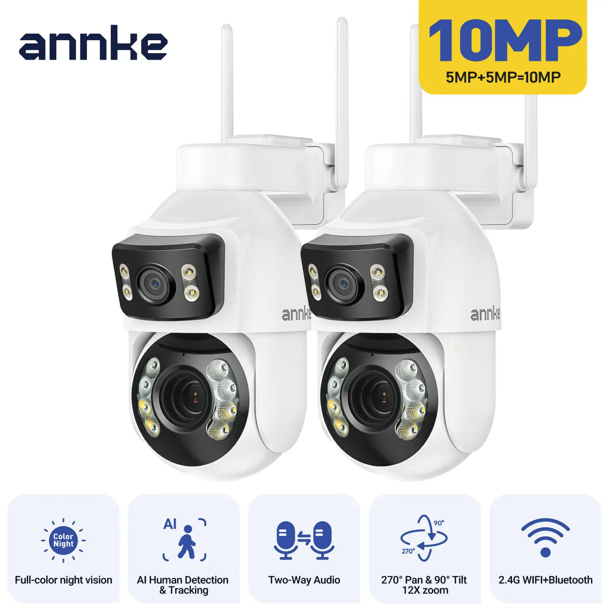 ANNKE WCD1012 10MP Dual-Lens PTZ Security Camera 12X Zoom Wifi Camera AI Human Tracking 1/2/4 PCS 2.4G Wireless Camera Outdoor