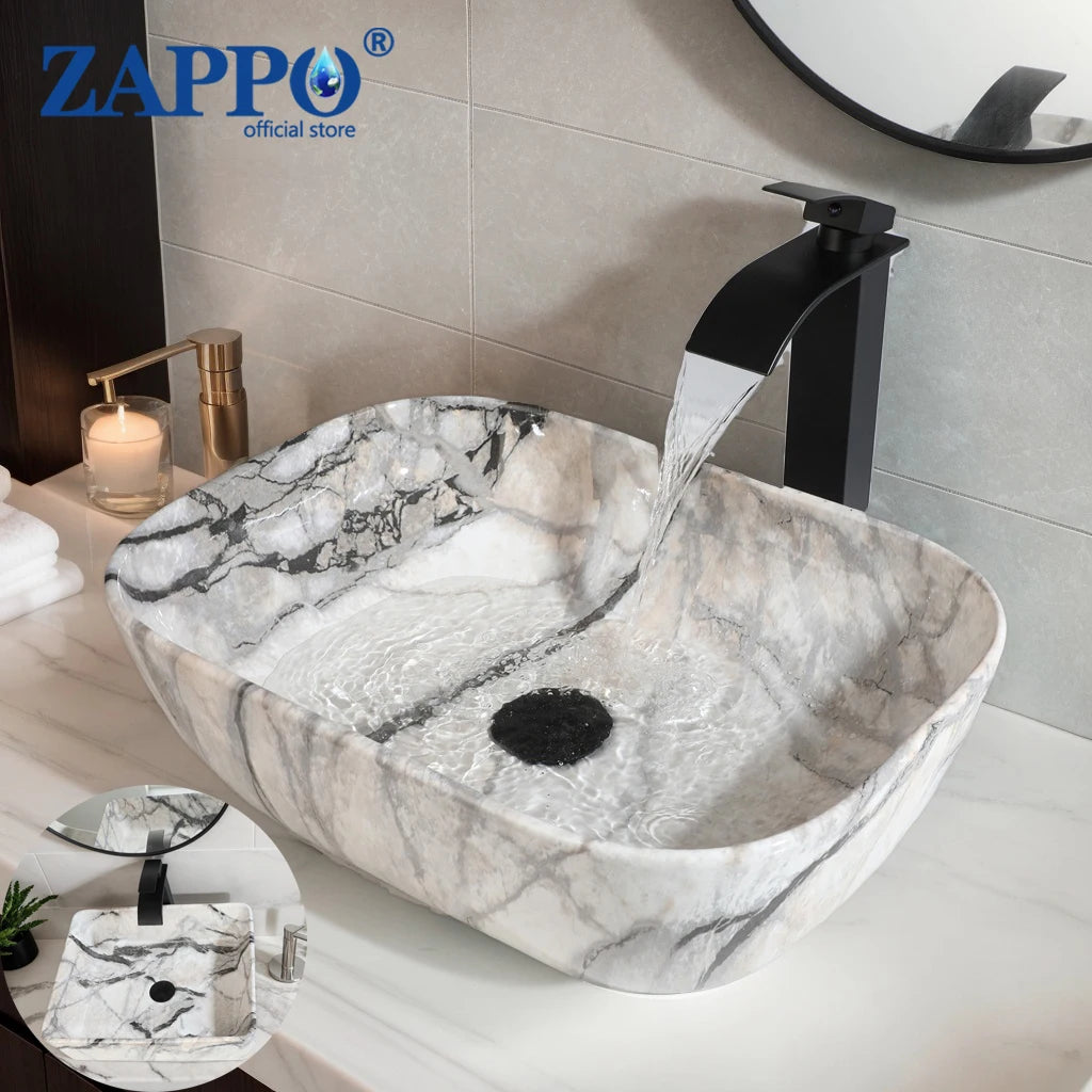 Torayvino Marble Pattern Ceramic Vessel Sink Set Matte Faucet