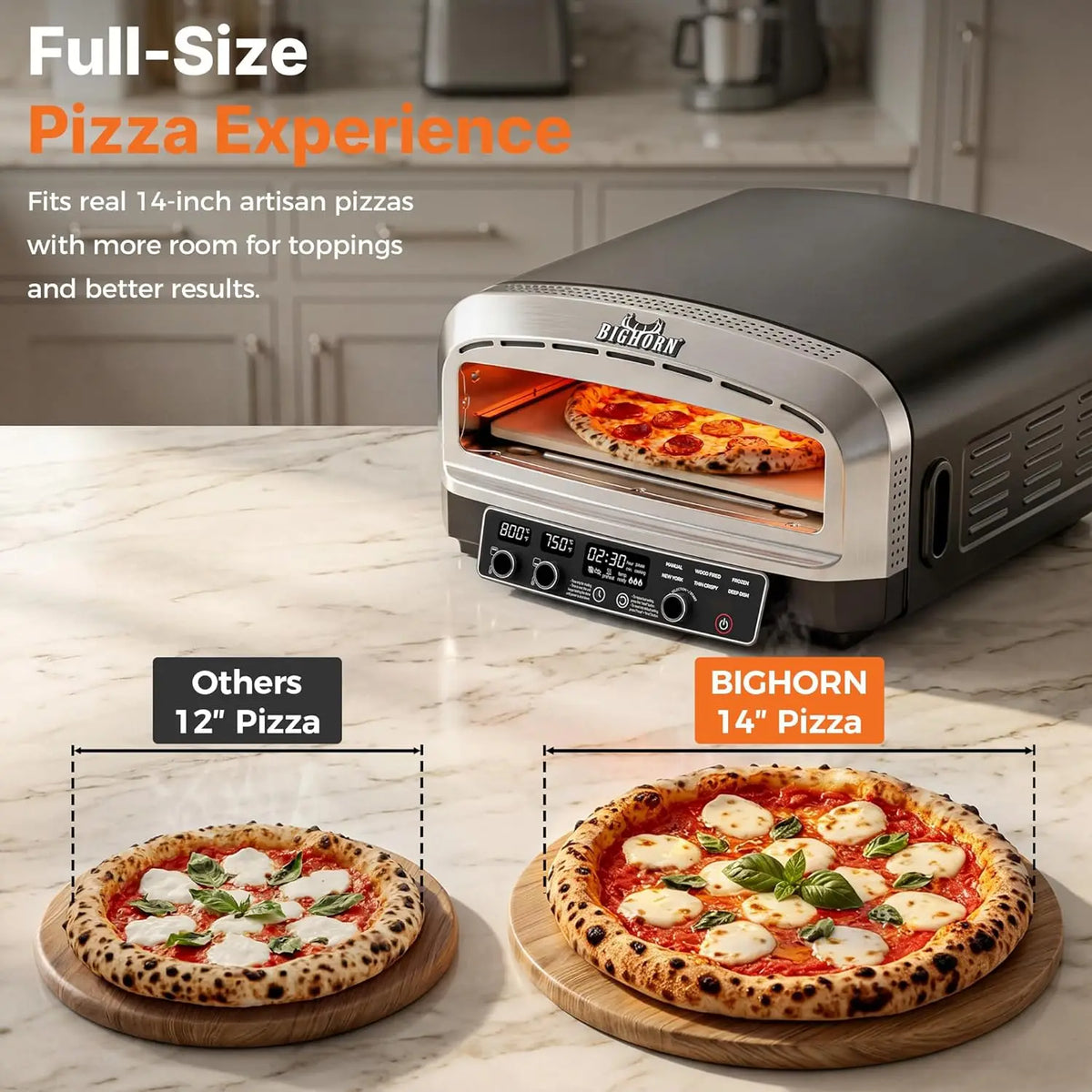 Big Horn stainless steel electric countertop pizza oven on a marble kitchen counter with two 14-inch pizzas
