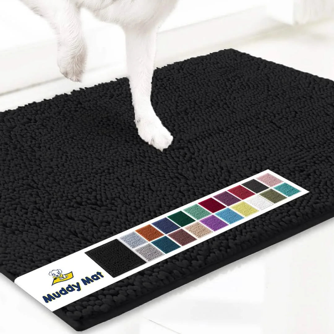 Original Muddy Mat doormat by S And B Enterprise, black microfiber paw-cleaning mat; non-slip and washable.