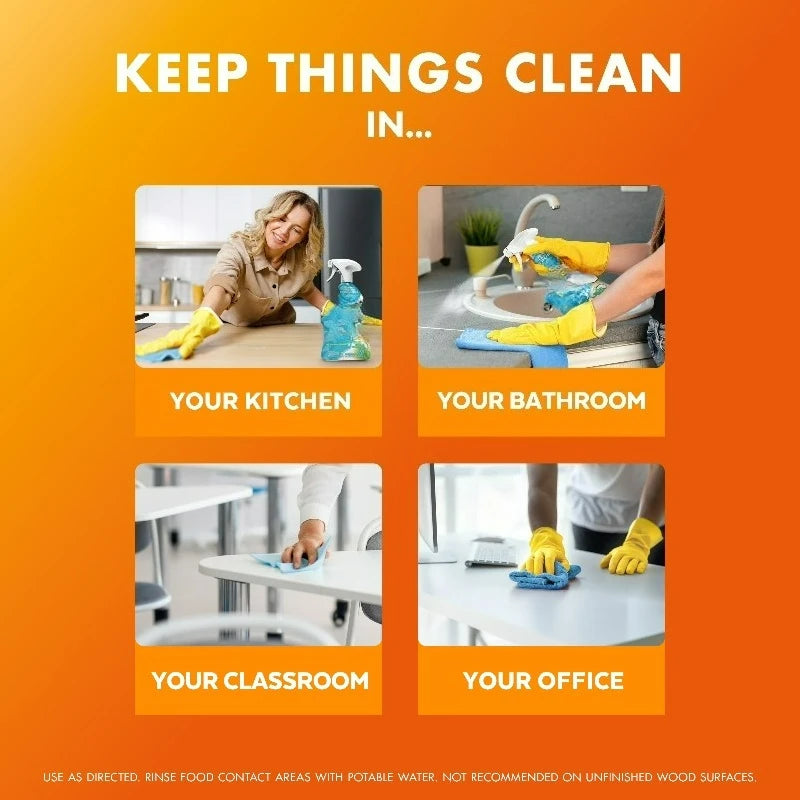 New Day Mango & Hibiscus all-purpose cleaner, 32 oz by S And B Enterprise; kitchen, bathroom, classroom, and office cleaning scenes
