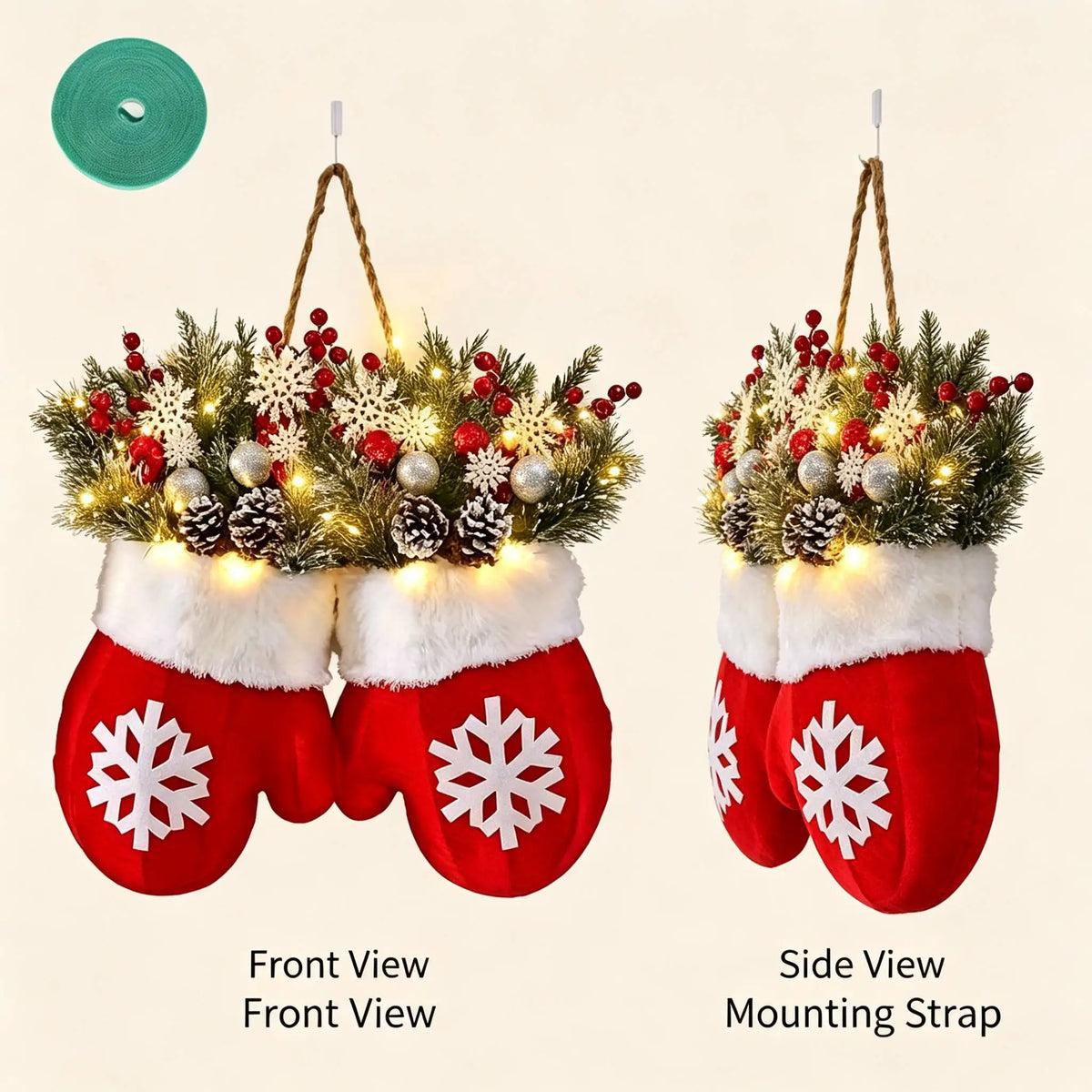 Two LED twinkling mitten wreaths with artificial pine garland, red berries and pine cones by S And B Enterprise