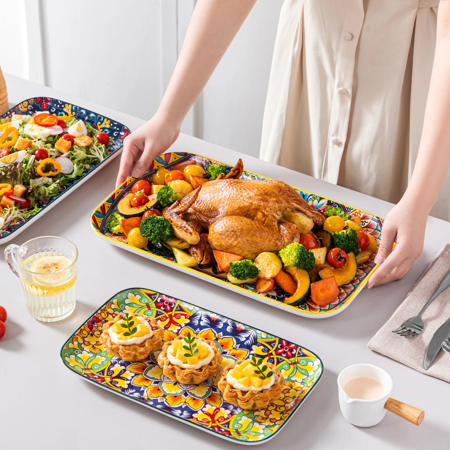 MALACASA Ceramic Rectangular Plates Set For Salad And Desserts