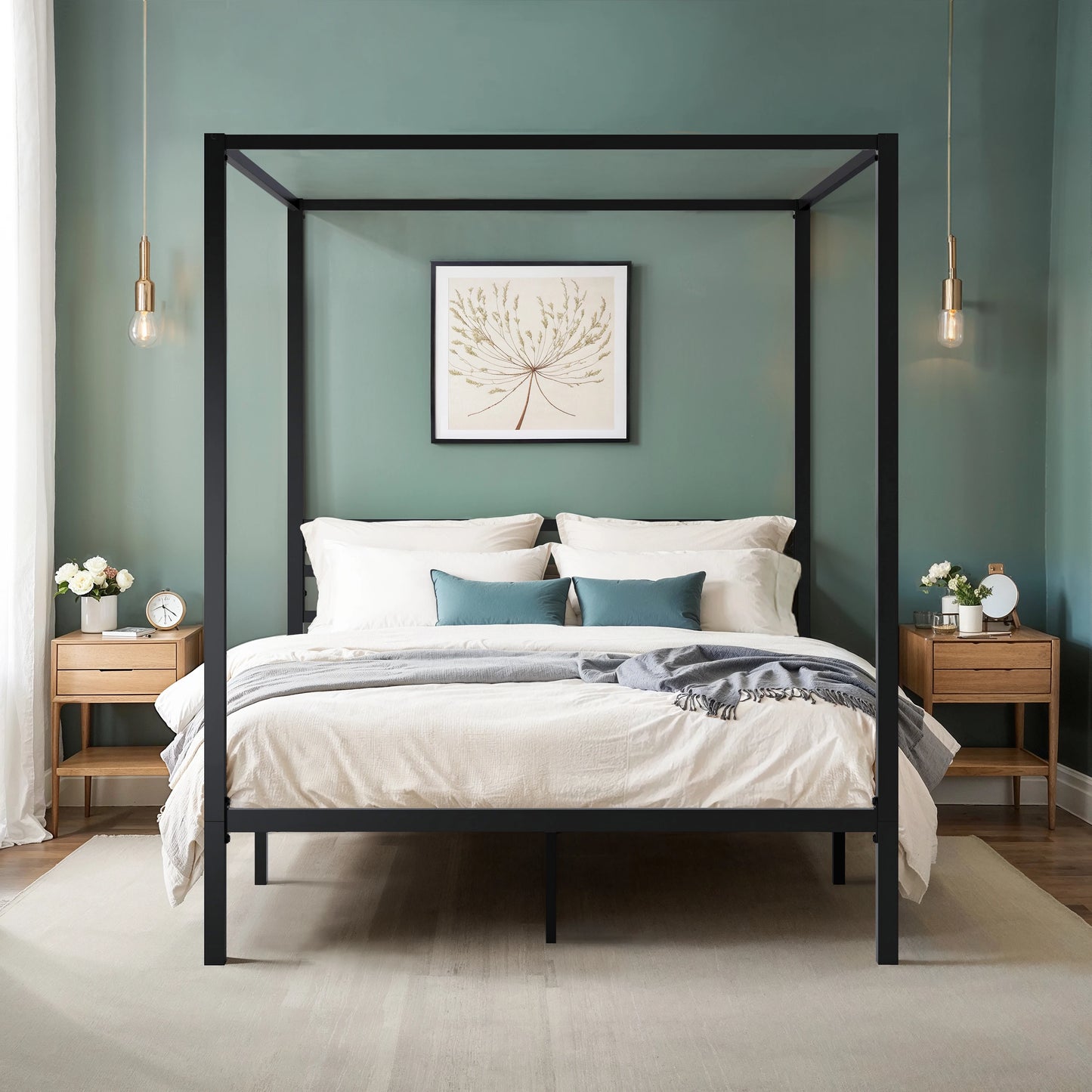 Hoomich Canopy Bed Frame Four Poster Metal Crossbar Easy Assembly