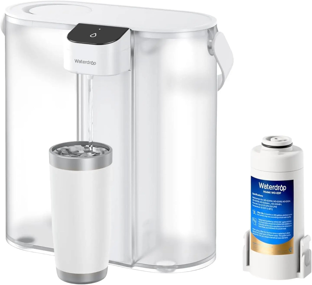 Waterdrop compact electric water filter pitcher with Waterdrop cartridge, white and silver finish.