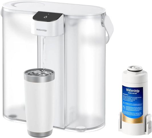 Waterdrop compact electric water filter pitcher with Waterdrop cartridge, white and silver finish.