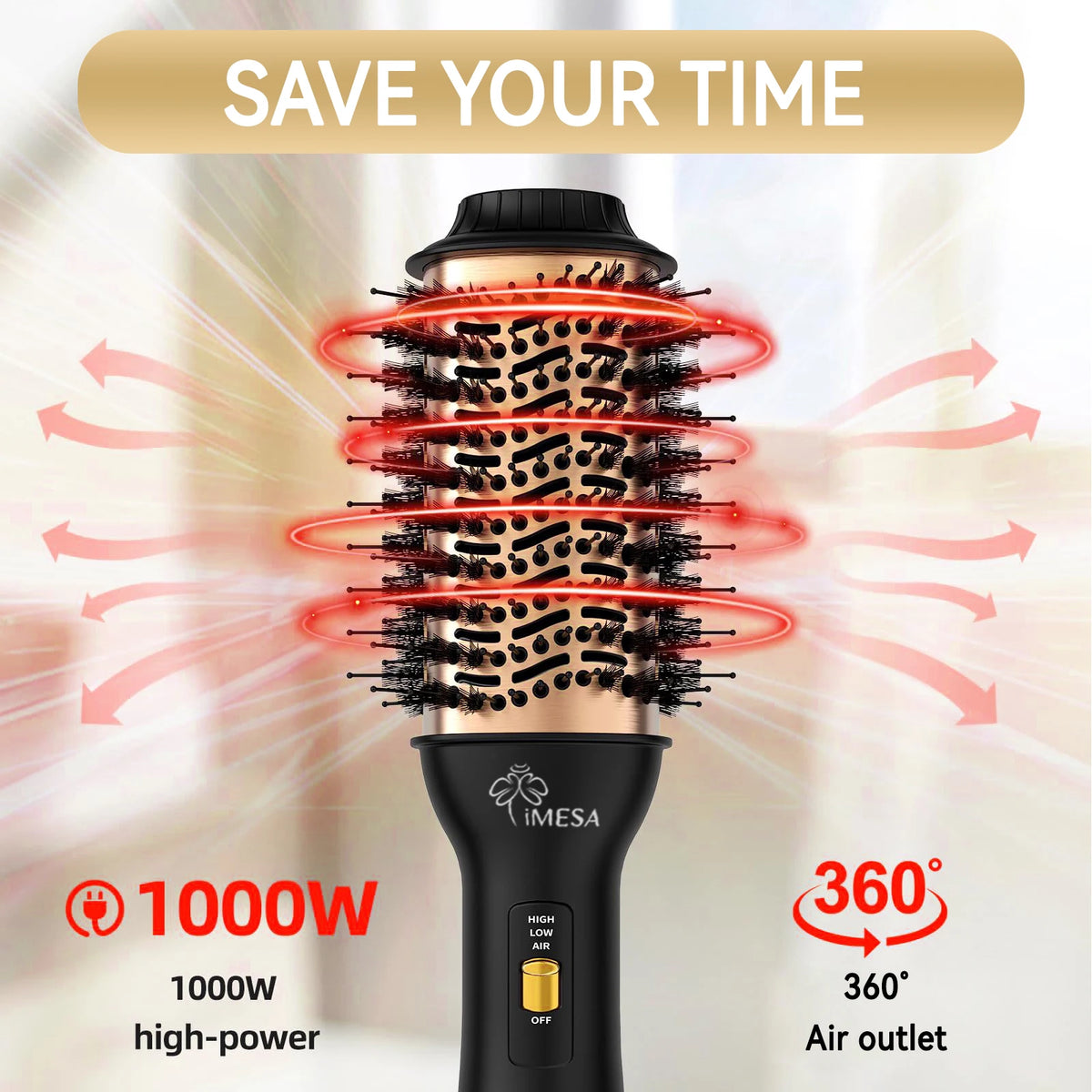 iMESA One-Step Hot Air Brush&Volumizer PLUS 2.0 Hair Dryer and Hair Styler New Black Golden Hair Curler Brush