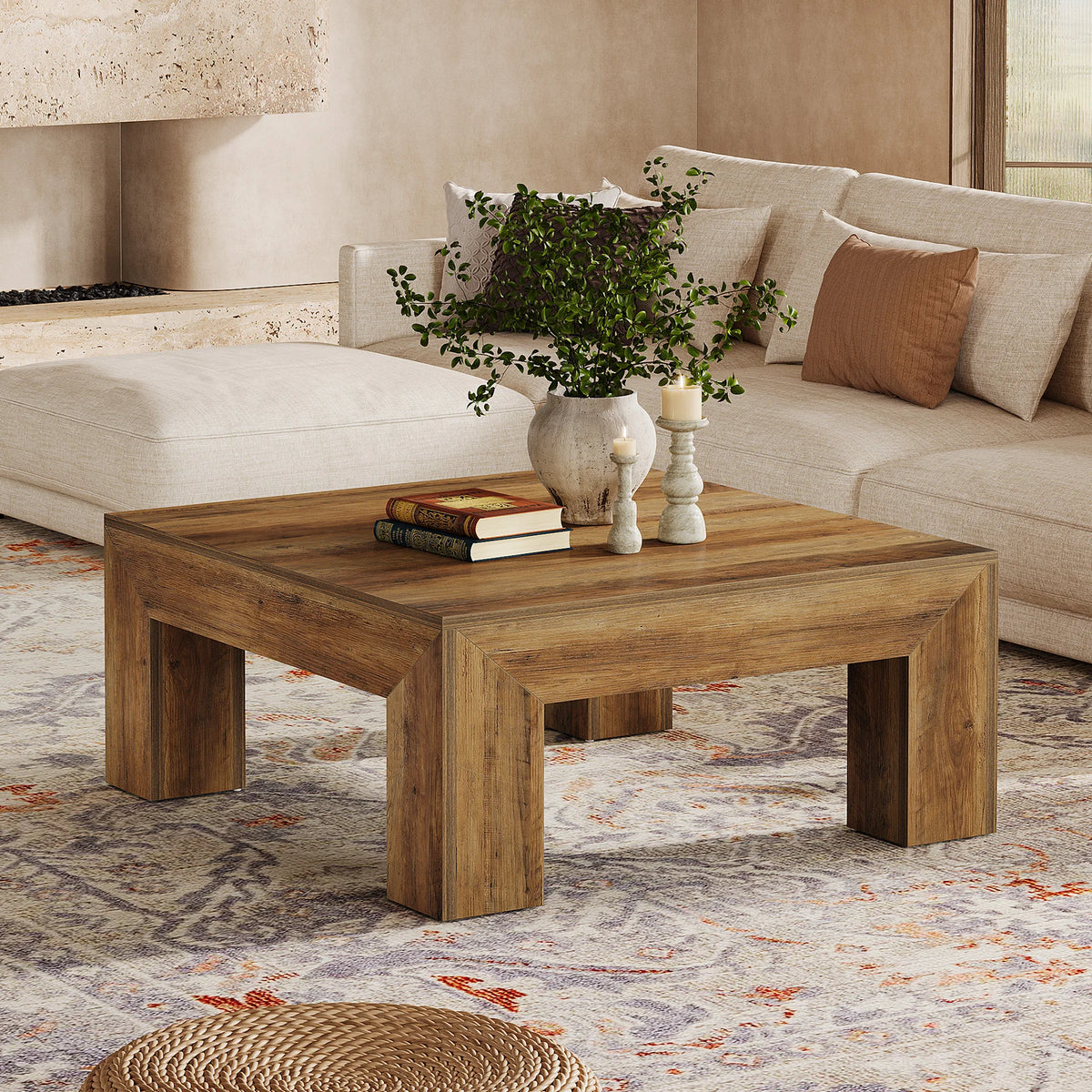 Tribesigns 39.4-inch square coffee table with natural wood finish and sturdy wooden legs for living room.