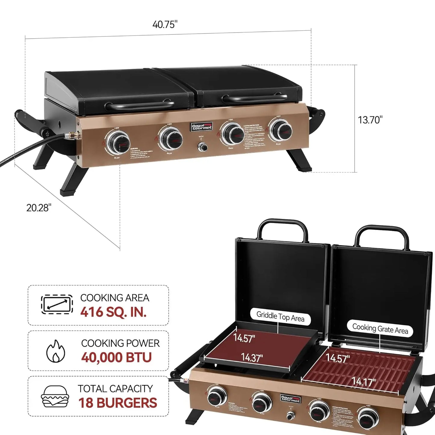 GD4002TPY portable table-top grill with hood by S And B Enterprise; 4 burners, copper-brown control panel.