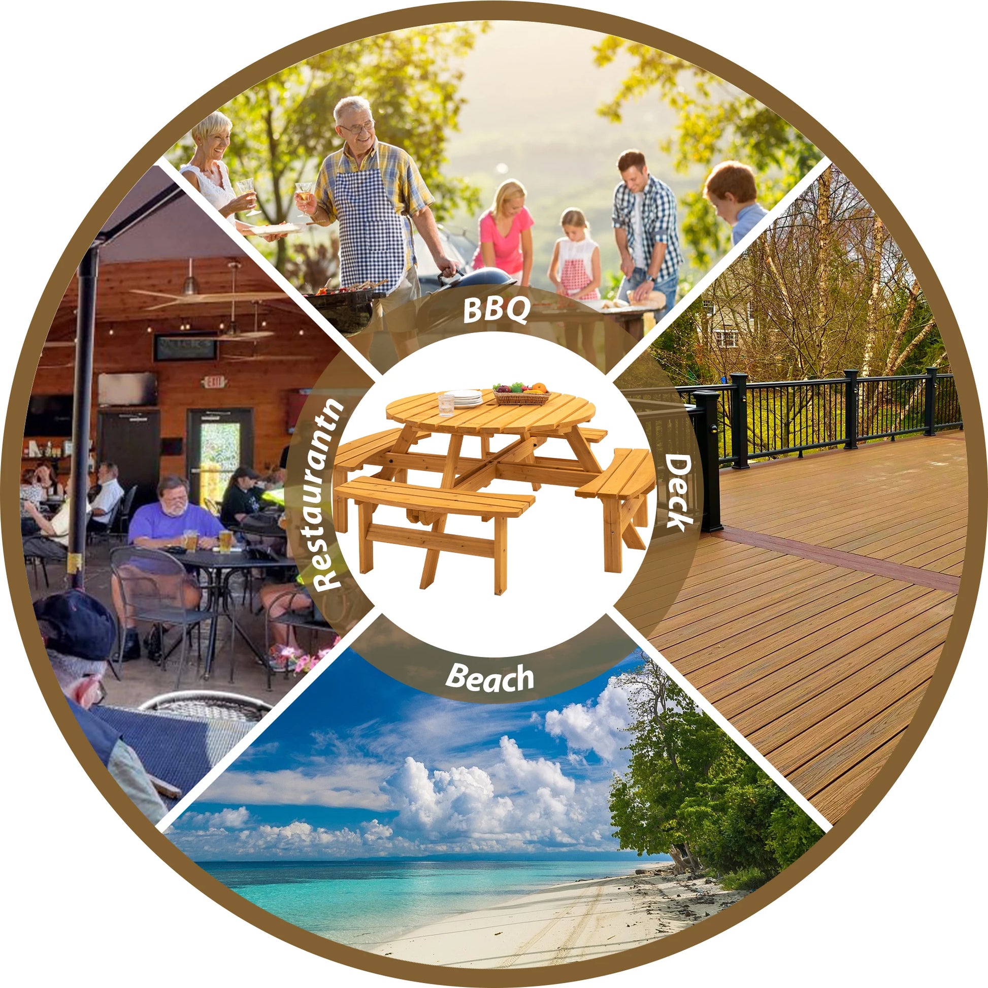 Solid Wood Round Outdoor Picnic Table Set with 4 Benches, Weather Resistant Patio Dining Furniture with Umbrella Hole for Garden Backyard Lawn BBQ Party by S And B Enterprise