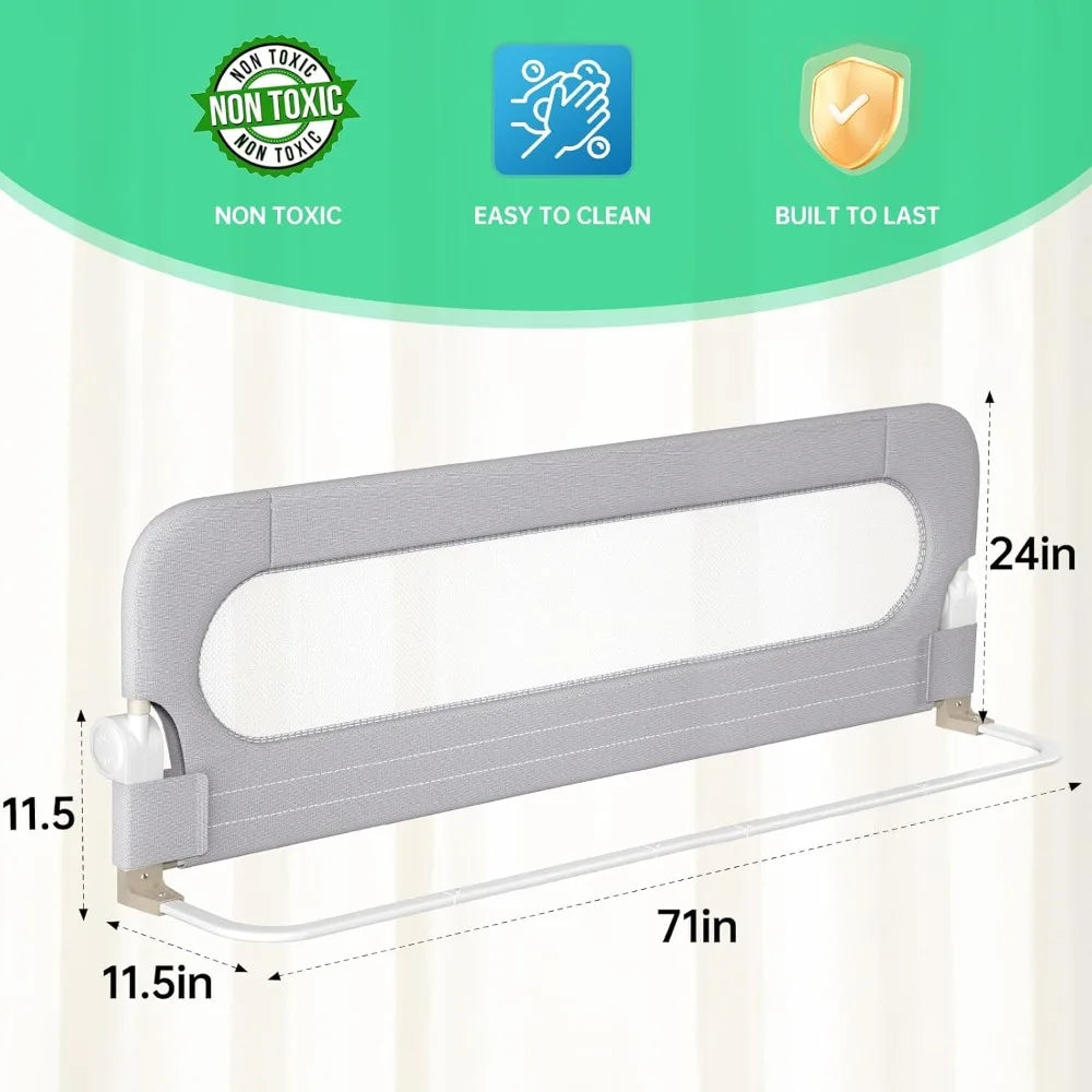 Folding Bed Rail for Toddlers, 71"x23.6" Safety Guard with Reinforced Anchor, Fits Twin to King, Grey by S And B Enterprise