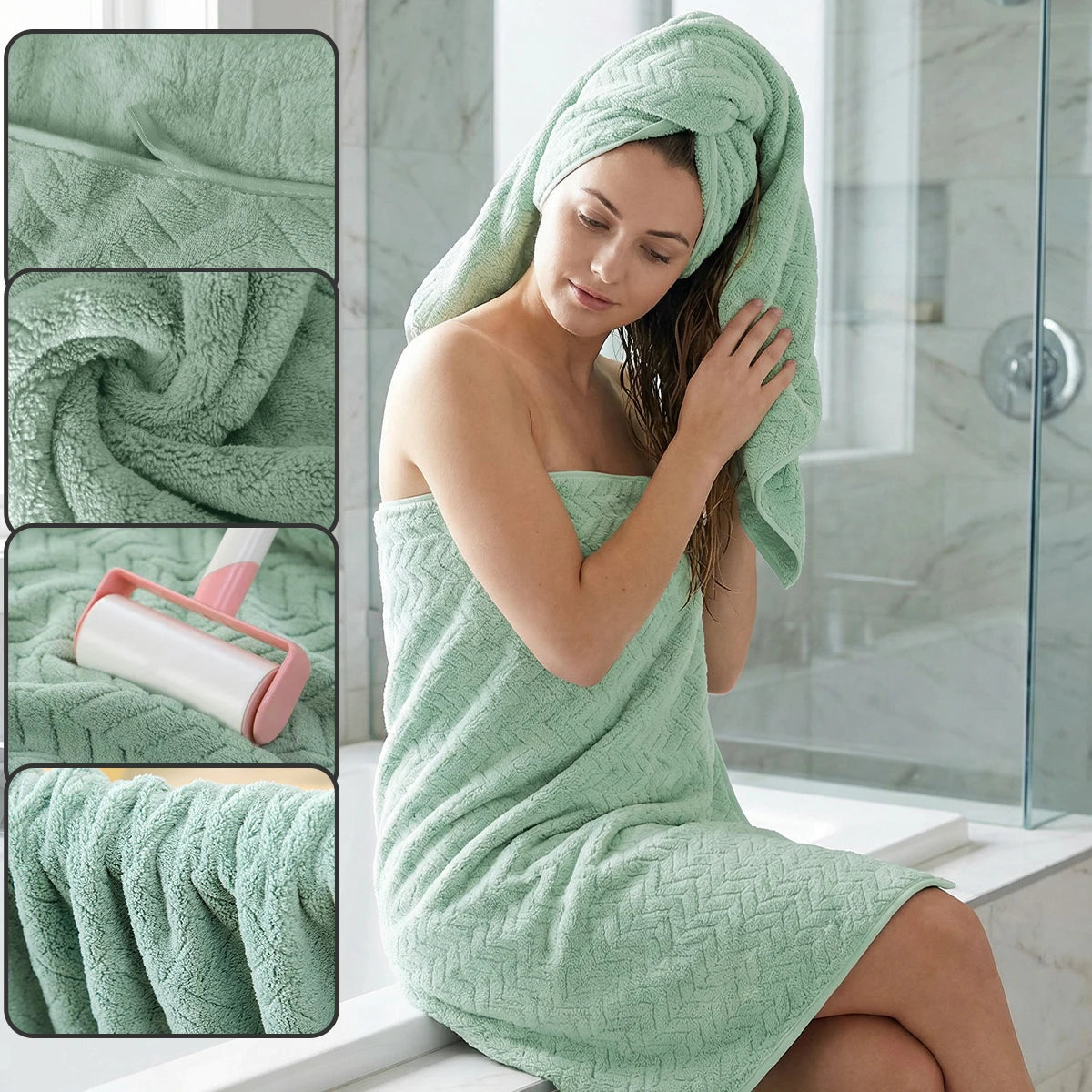 12-piece mint green towel set; 2 bath towels, 4 hand towels, 6 face towels; soft, high water absorbency.