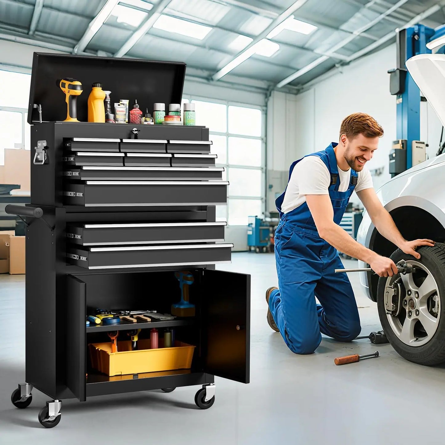 10-Drawer Rolling Tool Chest With Detachable Top Cabinet