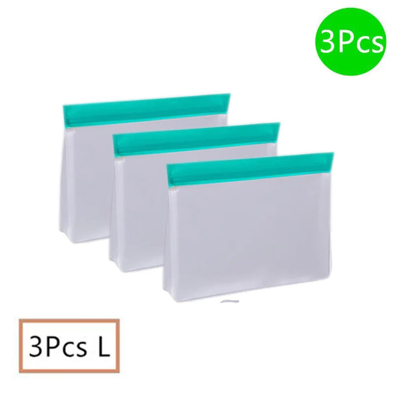 3-pack large reusable silicone PEVA food storage bags with teal zipper top for stand-up storage