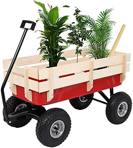 All-Terrain Outdoor Wagon For Kids With Wood Railings Steel Frame