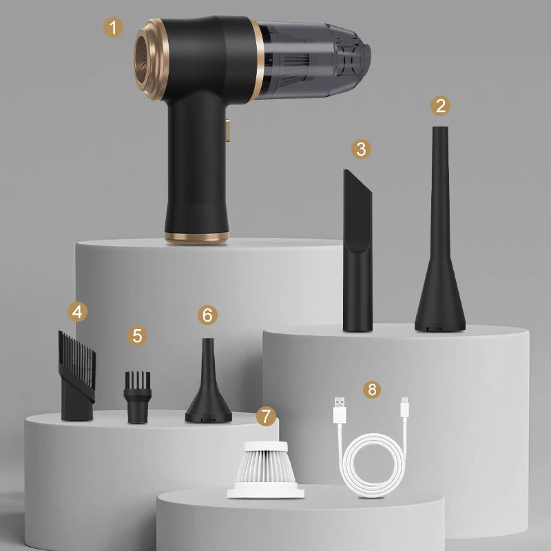Wireless car vacuum cleaner with 8 attachments, including crevice tool, brushes, nozzle, and USB cable