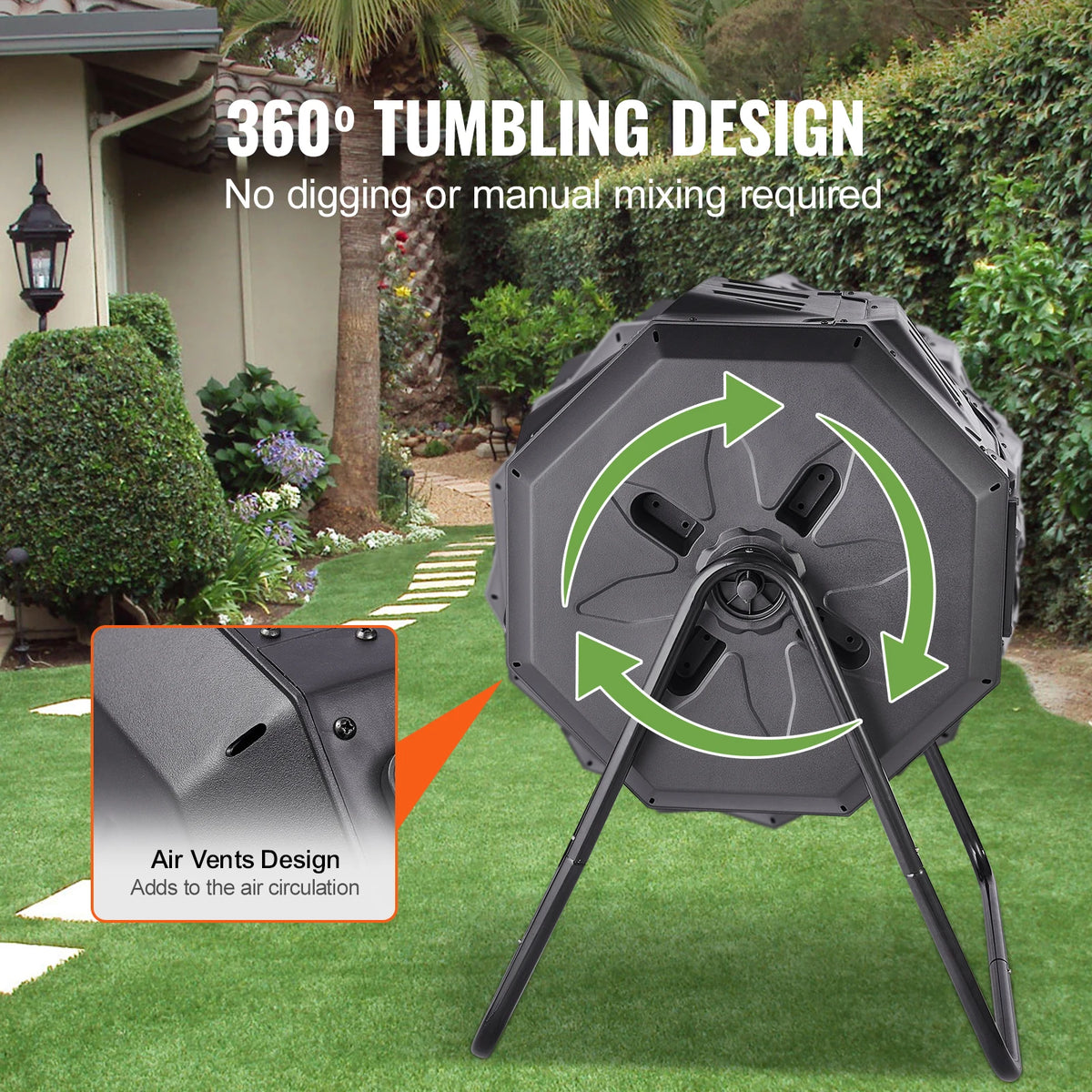 SucceBuy dual-chamber compost tumbler in gray with air vents, 360-degree design for garden or yard